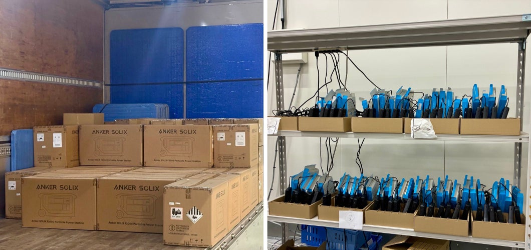 被災地へ届けられたAnker製品。左はトラックの荷台に積まれたAnker Solixポータブル電源の段ボール箱、右は棚に並べて充電されている多数のモバイルバッテリー