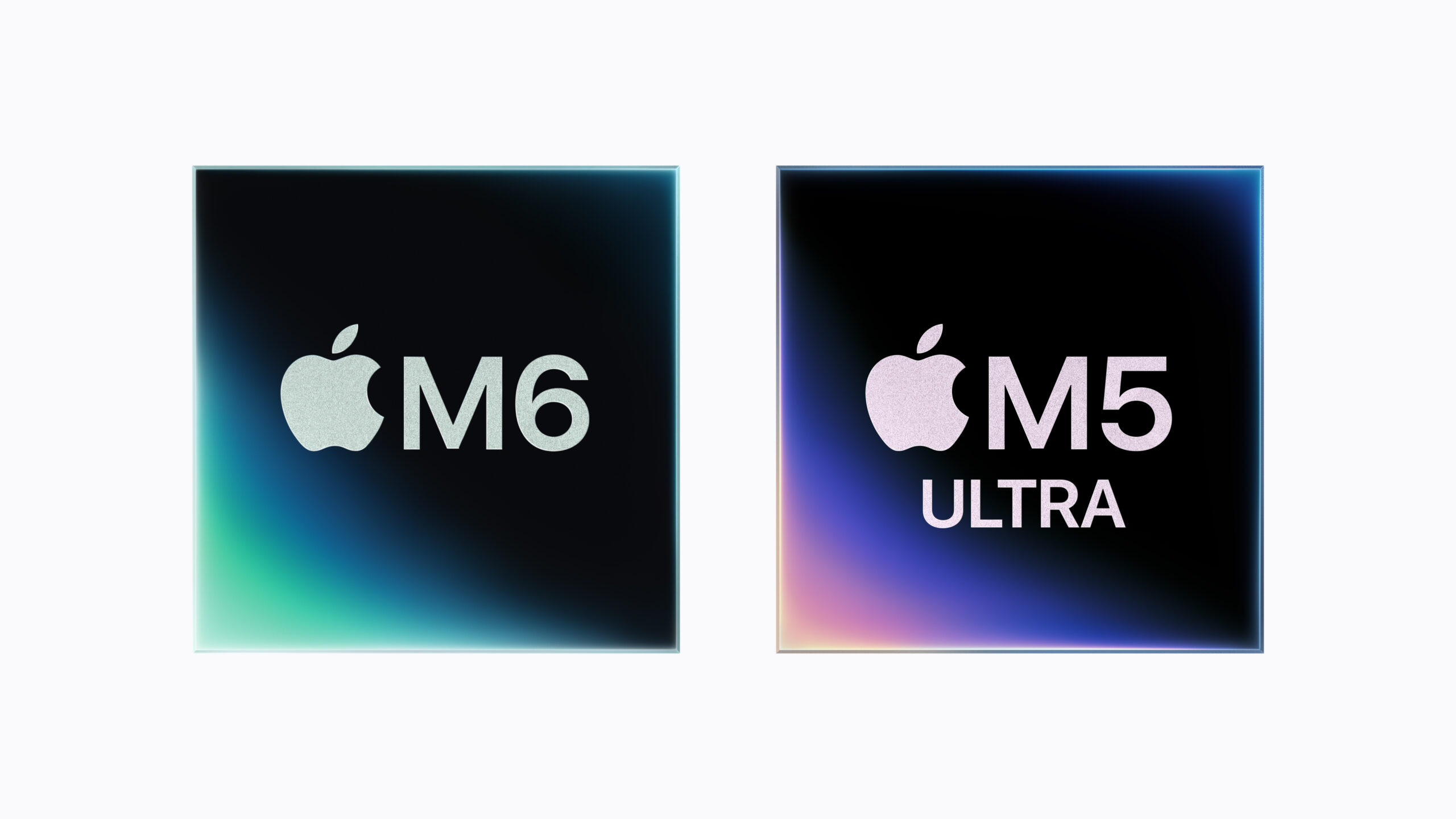 横に並んだAppleのM6チップとM5 Ultraチップのイメージ。左が緑から青のM6、右が紫からピンクのM5 ULTRA