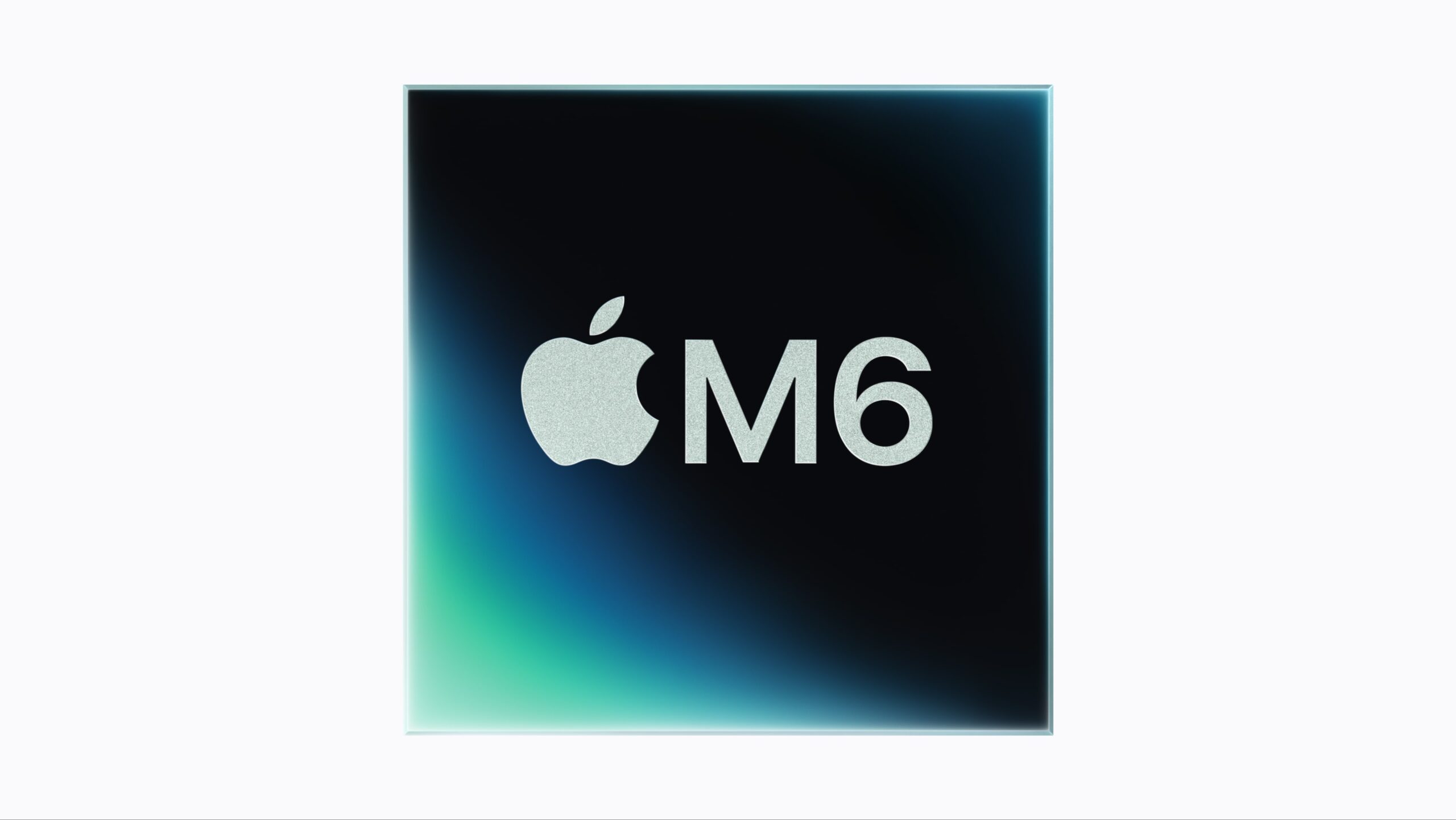AppleのM6チップのイメージ。緑から青のグラデーションを背景にAppleロゴとM6の文字が入っている