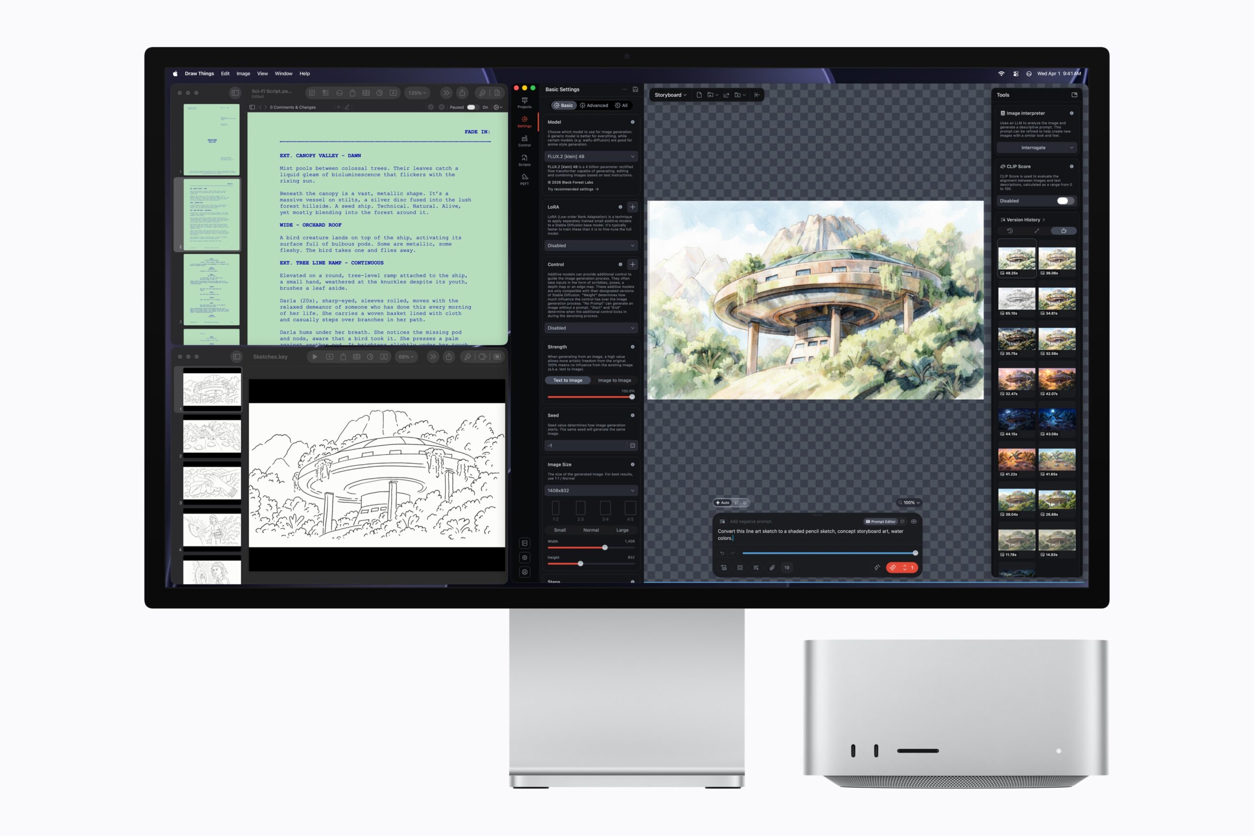 Mac StudioとStudio Displayで画像生成アプリのDraw Thingsを使い、線画から水彩調の建築イメージを生成している画面