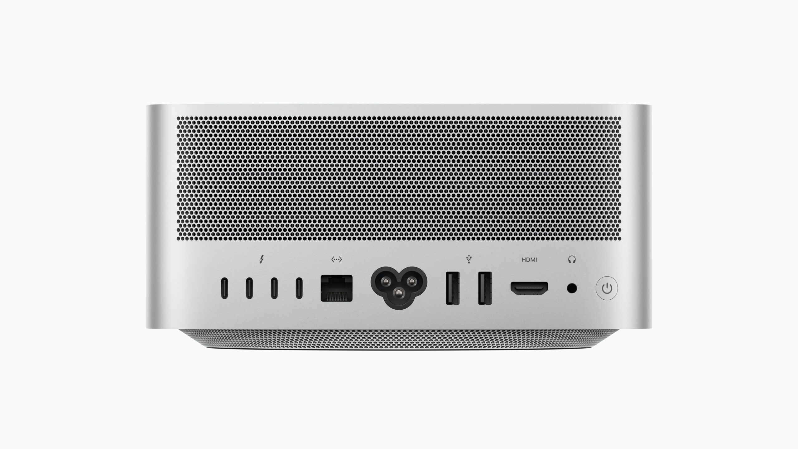 Mac Studioの背面。左からThunderbolt 5ポート4つ、10ギガビットEthernet、電源端子、USB-Aポート2つ、HDMI、ヘッドフォンジャック、電源ボタンが並ぶ