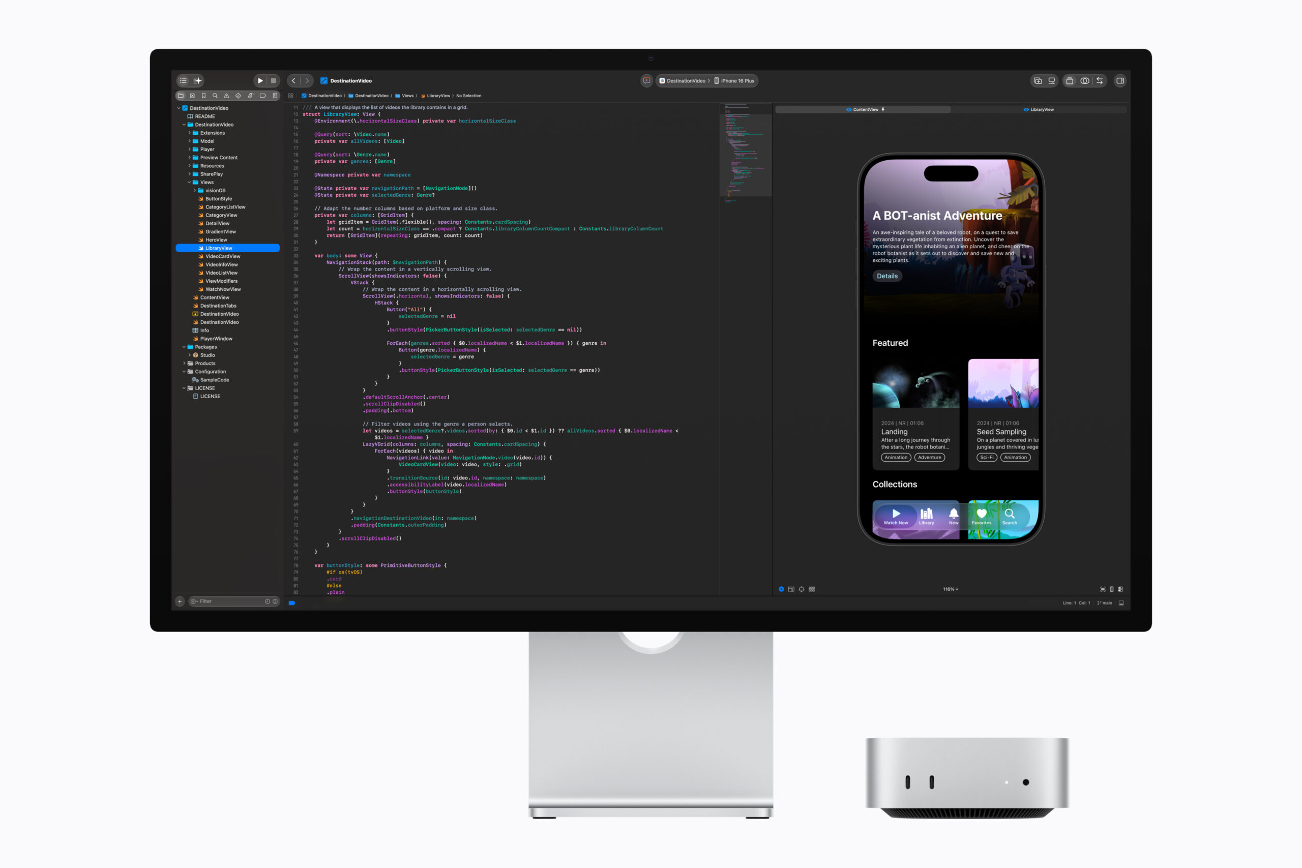 Mac miniとStudio DisplayでXcodeを開き、SwiftUIのコードとiPhoneアプリのプレビューを並べて表示している画面