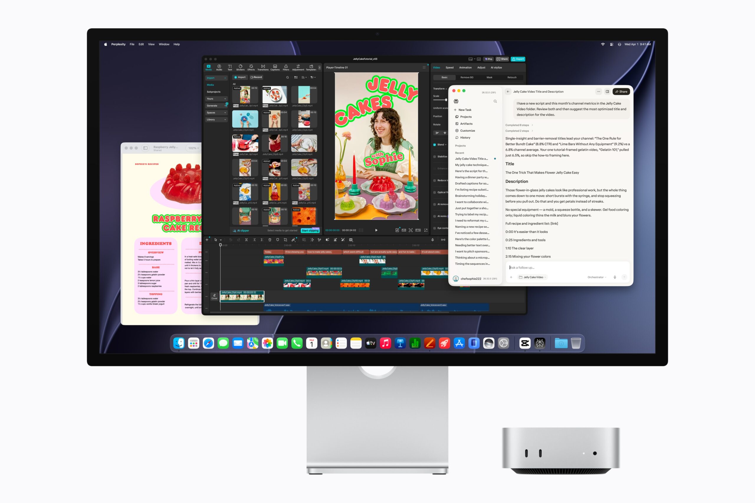 Mac miniとStudio Displayで動画編集ソフトとAIアシスタントを同時に使い、動画のタイトルと説明文を生成している画面