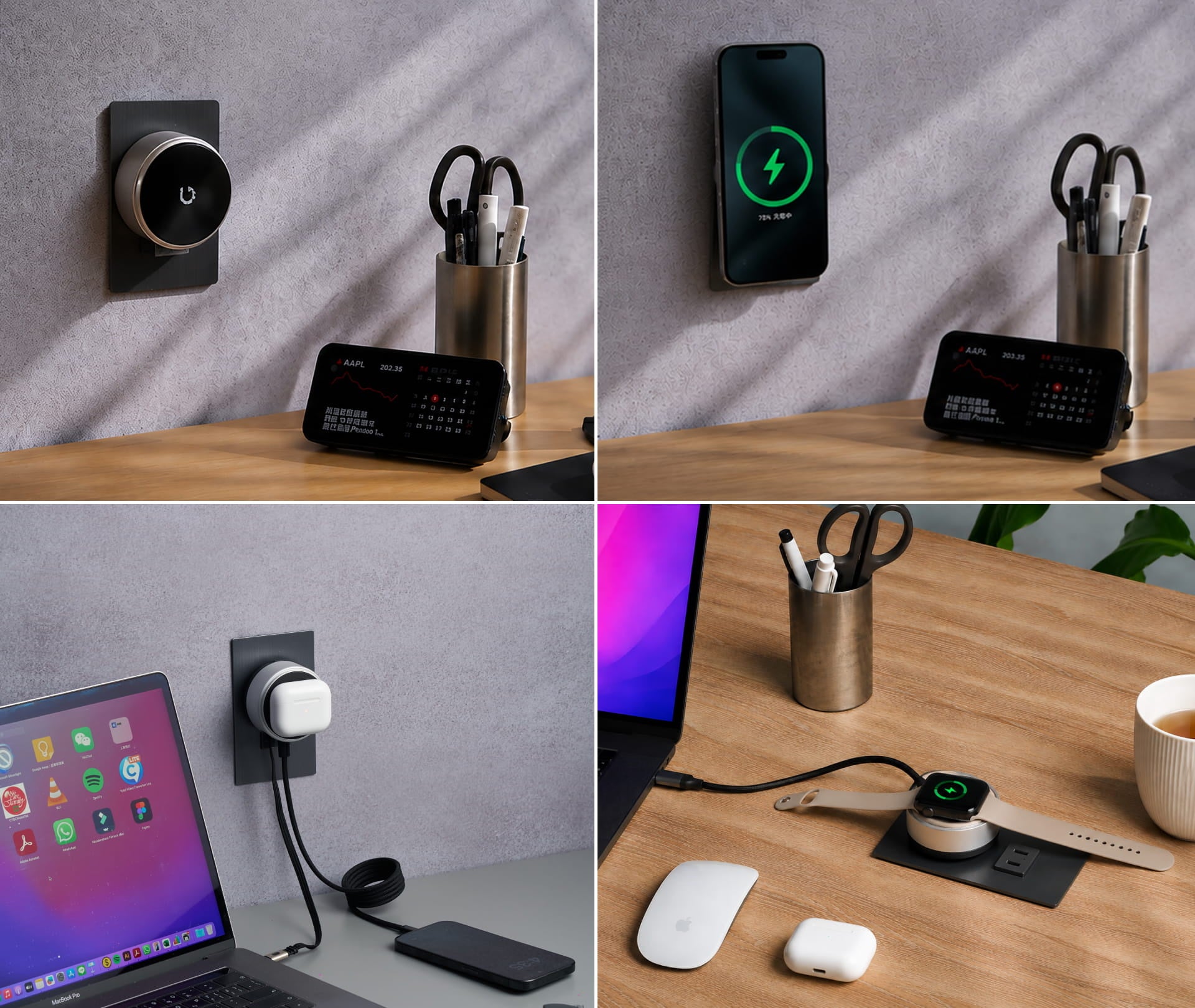 BEZALEL Prelude XS IIでiPhoneを壁のコンセントに吸着させて充電する様子と、デスクに水平に置いてApple Watchを充電している様子
