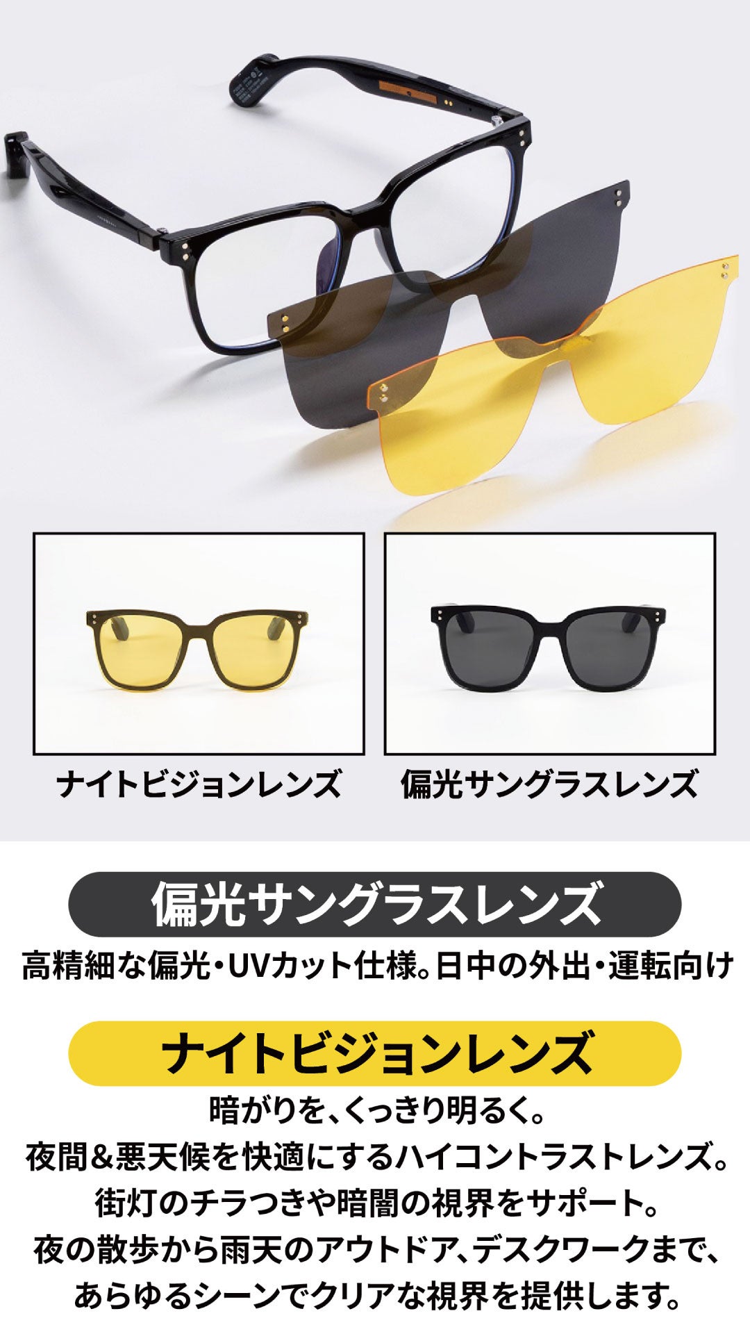 Beifa GE01-3に付属する偏光サングラスレンズとナイトビジョンレンズ。マグネットでフレーム前面に装着する。