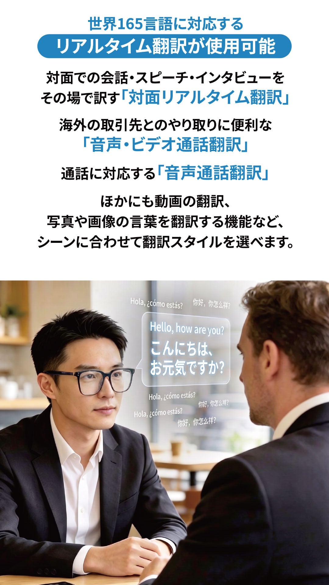 オンライン165言語に対応するリアルタイム翻訳の説明。対面リアルタイム翻訳、音声・ビデオ通話翻訳、音声通話翻訳などの種類が並ぶ。