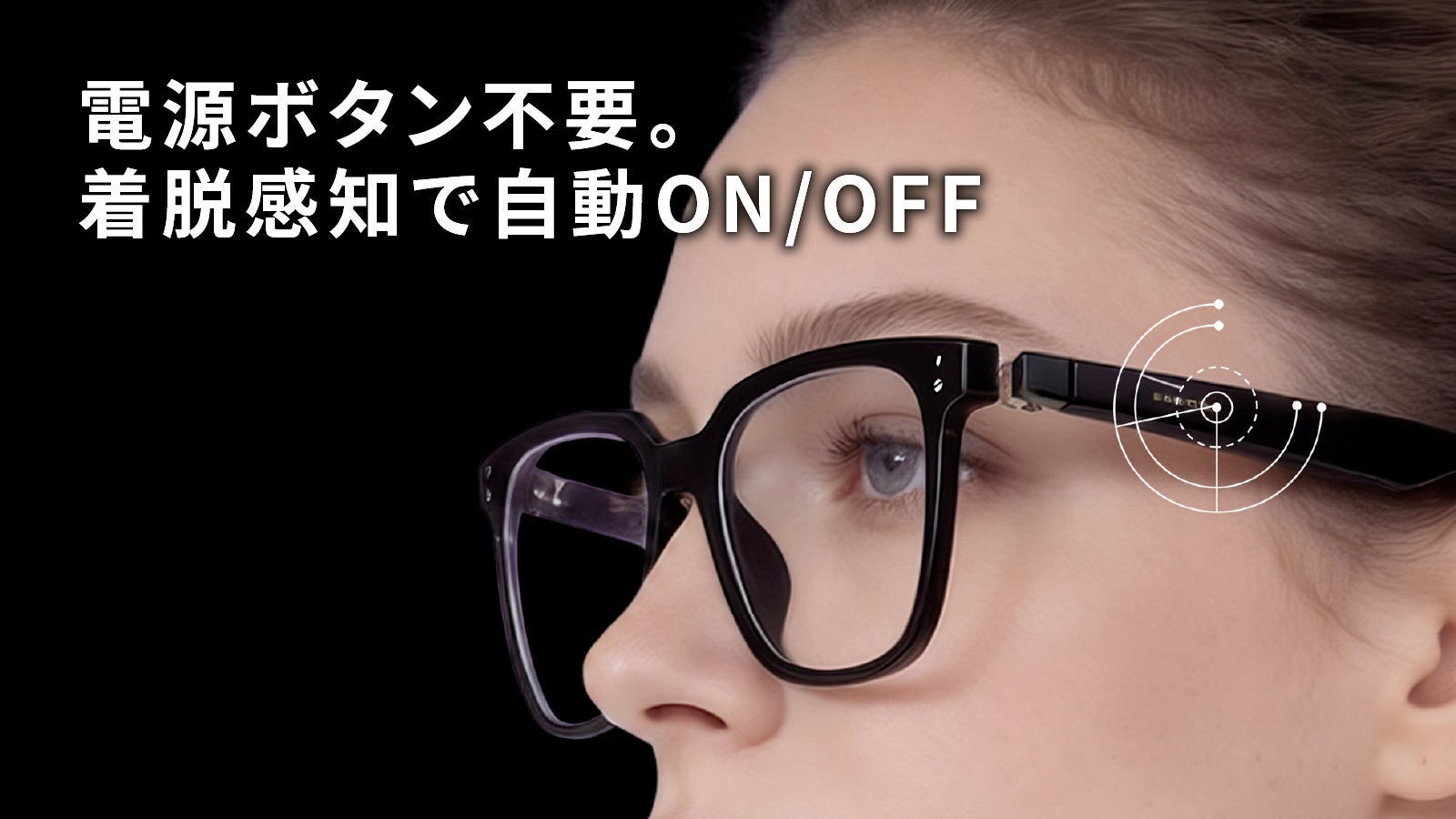 Beifa GE01-3を装着した人物の横顔。電源ボタンを押さなくても着脱を感知して自動でオンオフする機能の説明。