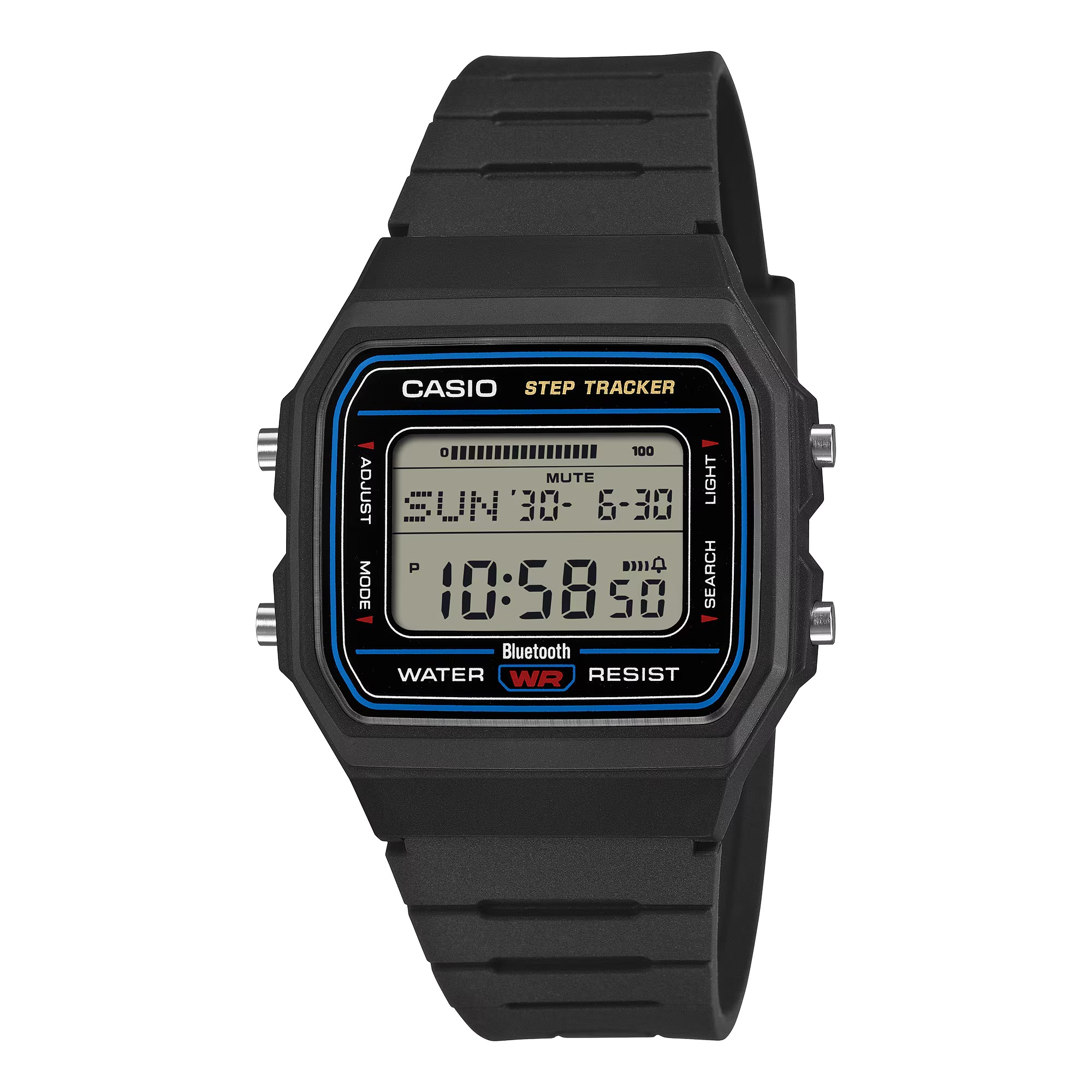 CASIO F-B100W-1AJFの正面カット。ブラックの角型樹脂ケースにブルーとレッドのラインが入り、液晶上部にSTEP TRACKER、下部にBluetoothの表記がある