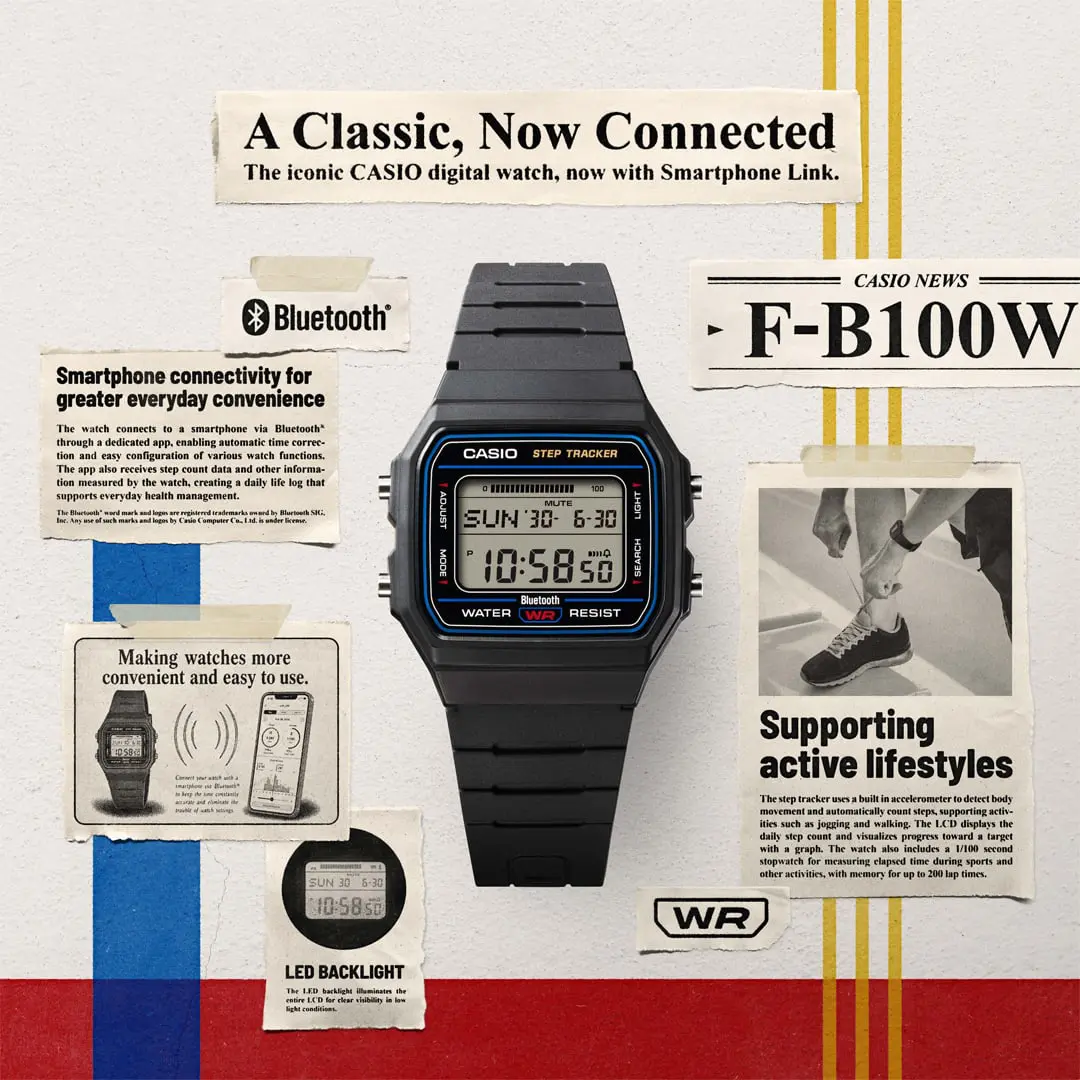 カシオ、F-91Wの顔のまま歩数計とBluetoothを載せた「F-B100W」を発売｜厚さ8.8mm・26gで8,800円