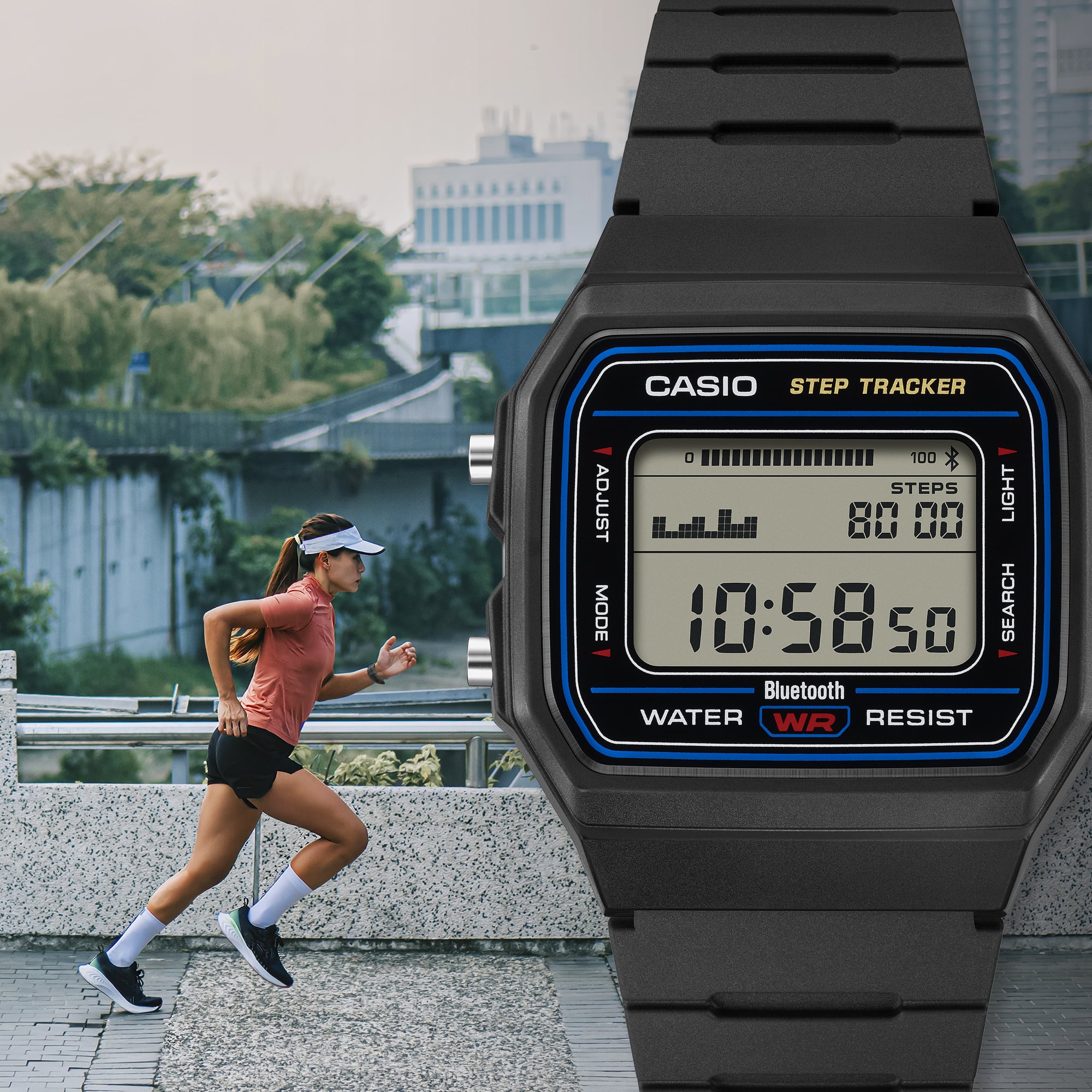 ランニングする女性とCASIO F-B100Wの液晶表示。加速度センサーで数えた歩数とグラフが画面に表示されている