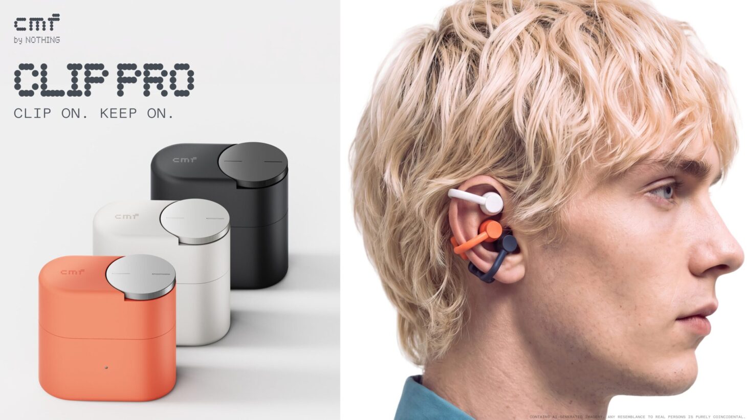 CMF Clip Proの充電ケース3色(コーラル、ライトグレー、ダークグレー)と、耳にクリップして装着したイメージ
