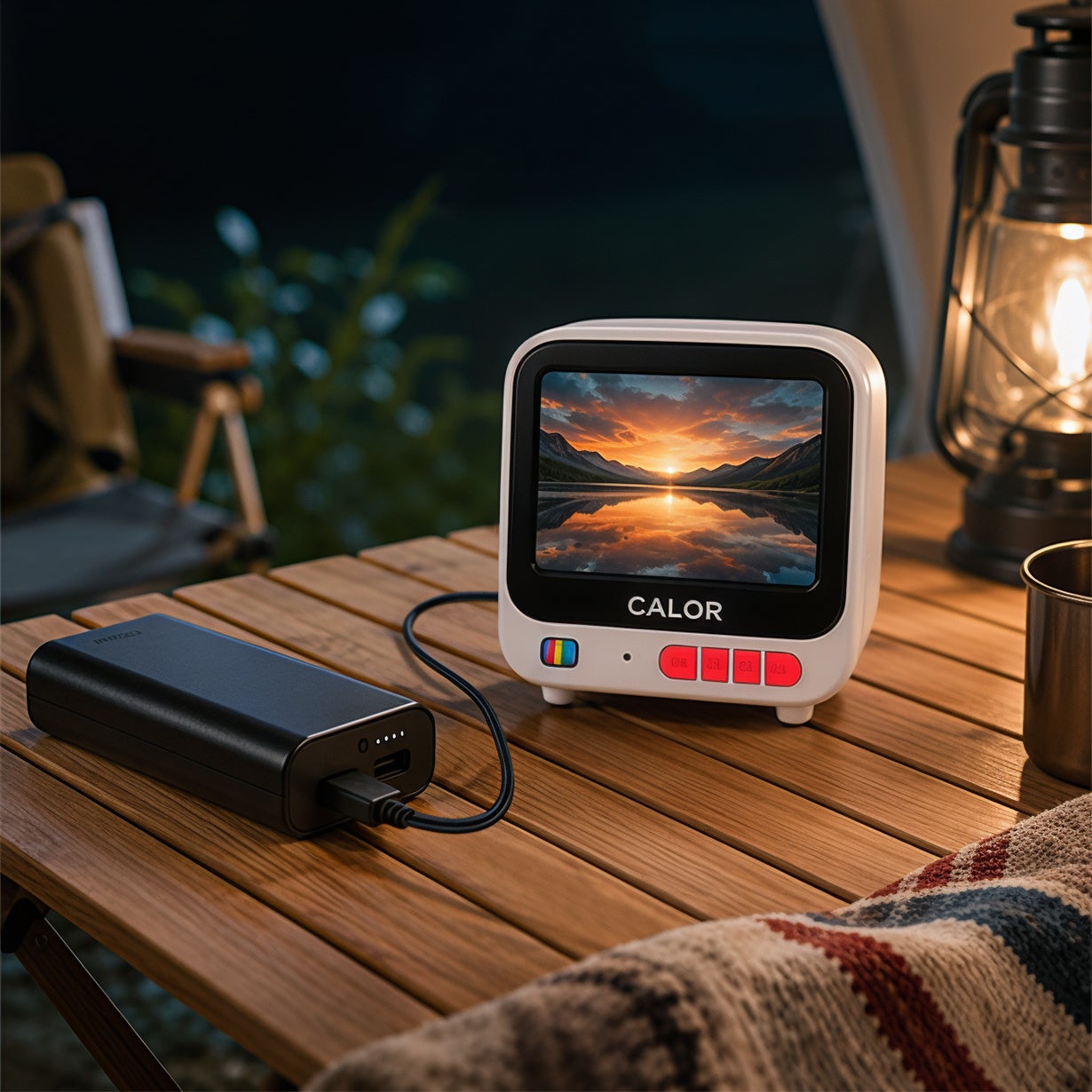 モバイルバッテリーにつないで屋外のテーブルで使用しているCaloR C1。夕景の映像が映っている。