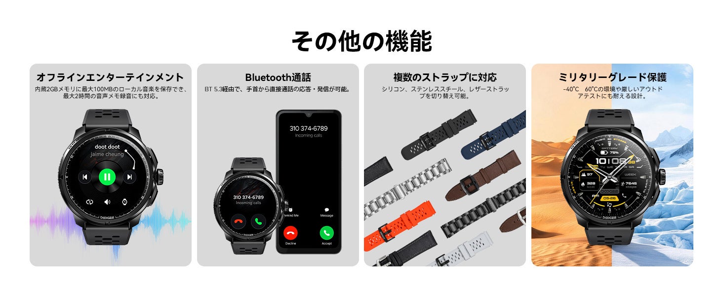 DOOGEE AnyMoving M1 ProのBluetooth通話画面。腕元で着信を確認でき、LINEやSMSの通知にも対応する