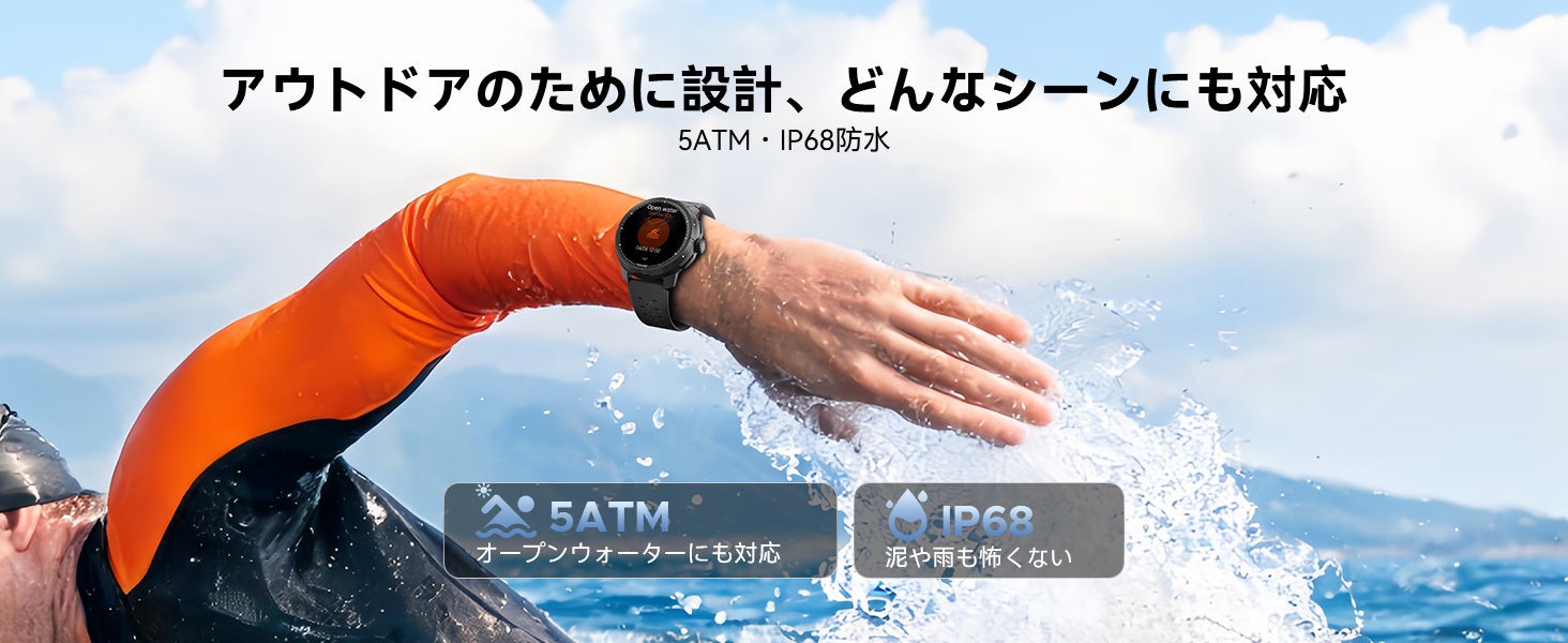 DOOGEE AnyMoving M1 Proの防水性能イメージ。汗をかくトレーニングや屋外での使用に対応する