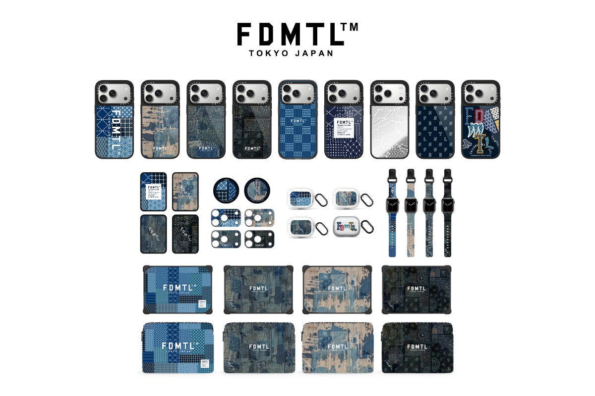 白背景に整列したFDMTL x CASETiFYの全ラインアップ。複数柄のiPhoneケース、カードホルダー、AirPodsケース、4本のApple Watchバンド、Laptopスリーブ