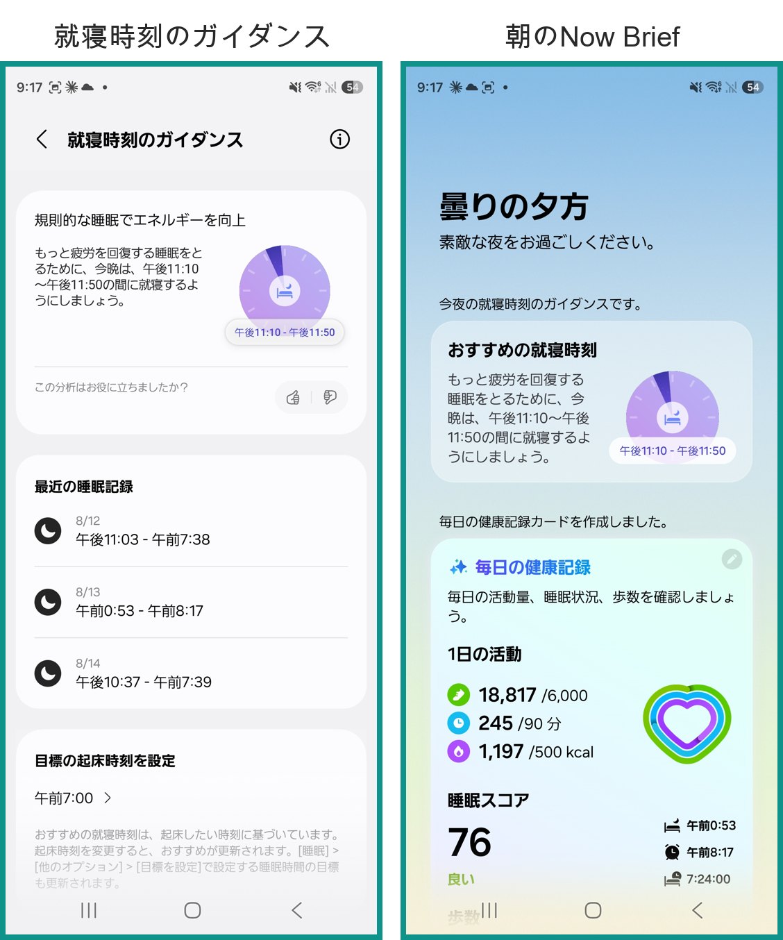 Galaxy Watchの就寝時刻のガイダンス。今晩の推奨就寝時刻が午後11時10分から11時50分と示され、朝のNow Briefにも同じ内容が並ぶ。