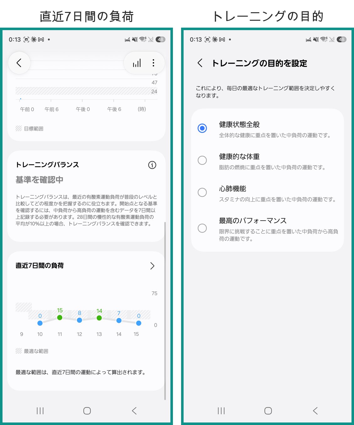 Galaxy Watchのトレーニングバランスと直近7日間の有酸素運動負荷、およびトレーニングの目的の設定画面。