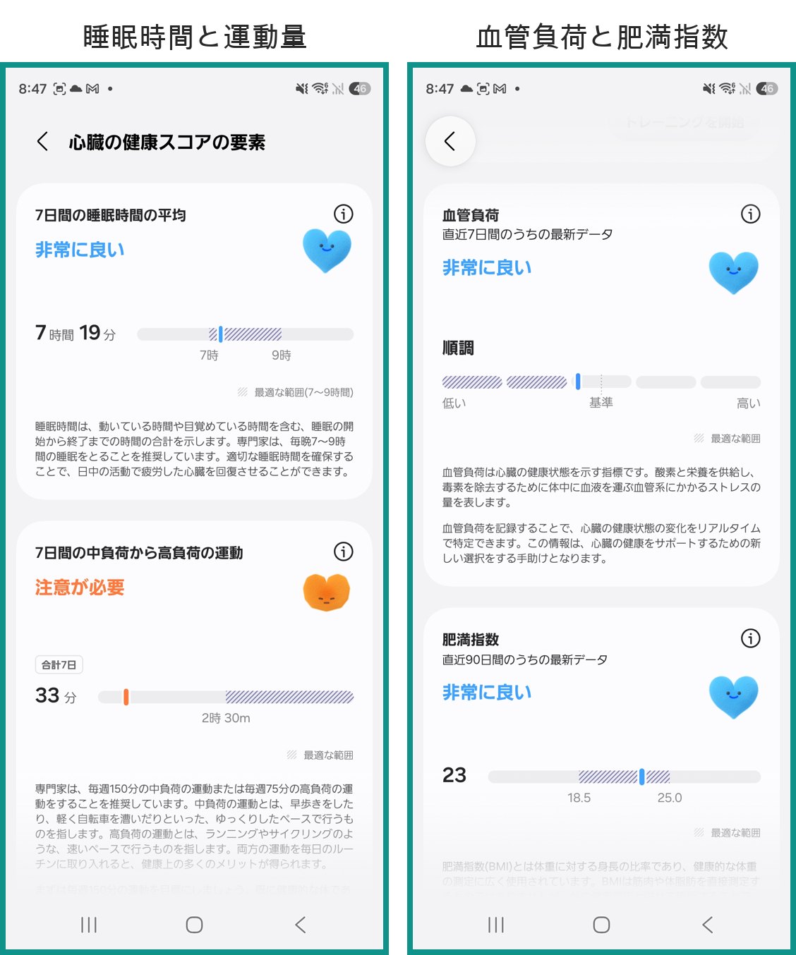 Galaxy Watchの心臓の健康スコアを構成する4つの要素。7日間の睡眠時間の平均、7日間の中負荷から高負荷の運動、血管負荷、肥満指数（BMI）。