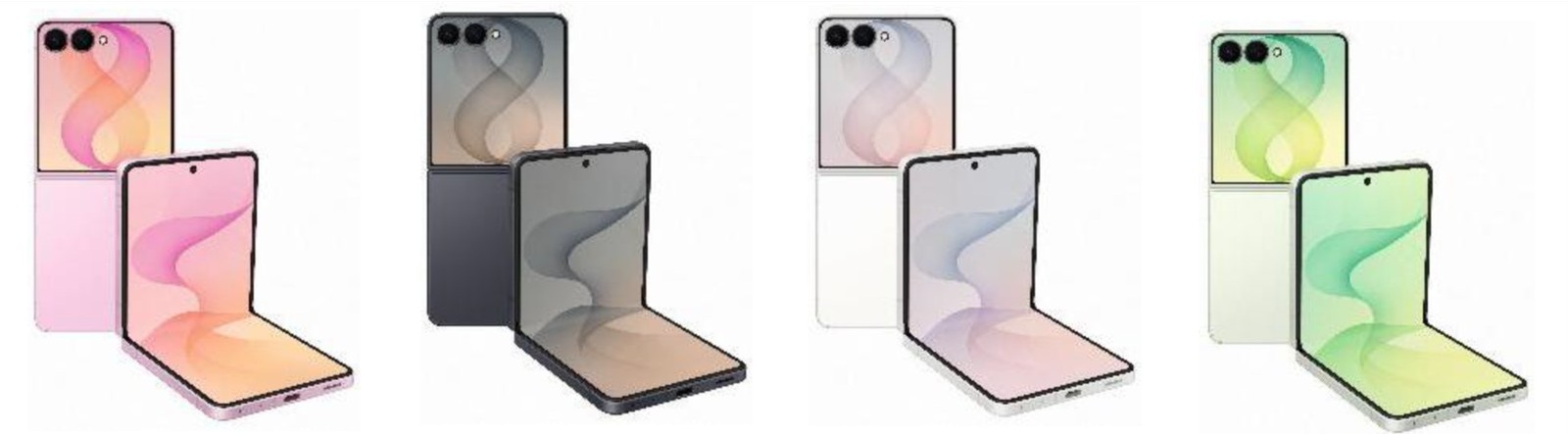 Samsung Galaxy Z Flip8の4色。ピンク、グラファイト、クリーム、ミントを開いた状態と閉じた状態で並べた製品画像