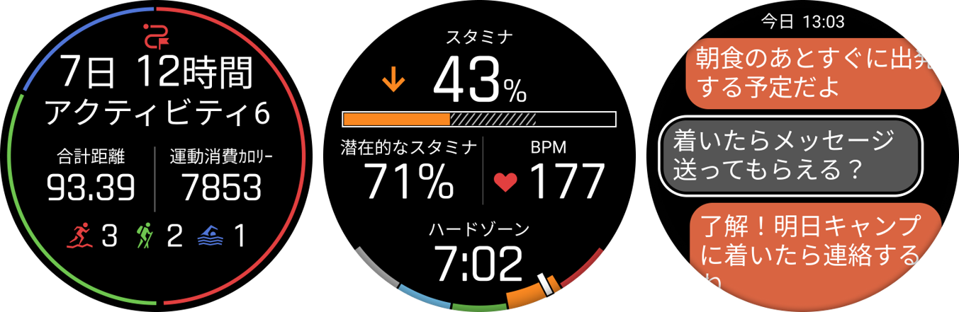 fēnix 9の画面3種。左からGarmin Epicの記録画面、スタミナゾーンの表示、Garmin Messengerのメッセージ画面