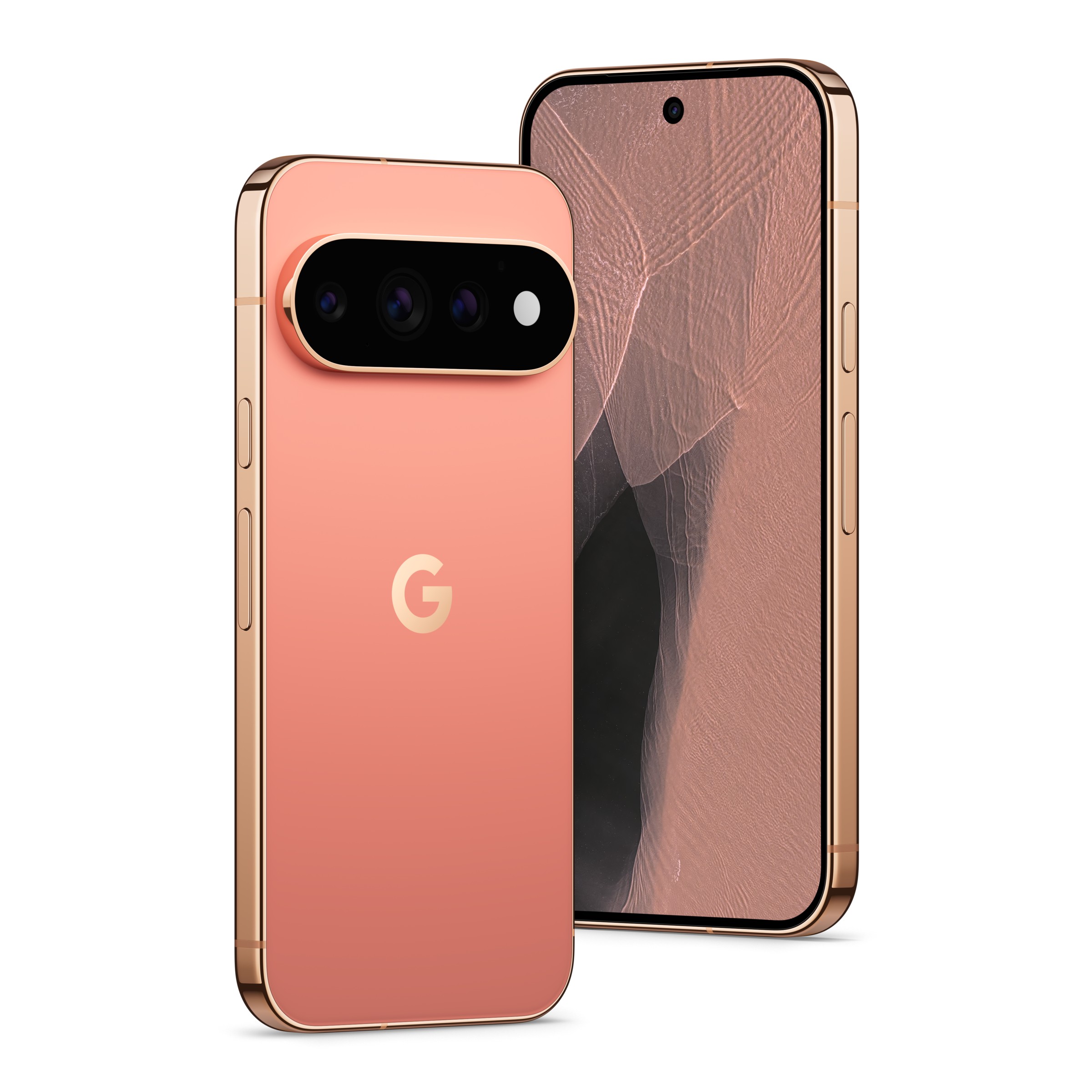 Canyon カラーの Google Pixel 11 Pro の背面と前面。カメラバーに3つのレンズと HiLight 用の LED が並んでいる