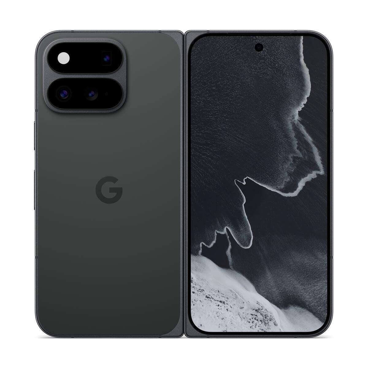 Obsidian カラーの Google Pixel 11 Pro Fold を開いた状態の背面と内側の画面