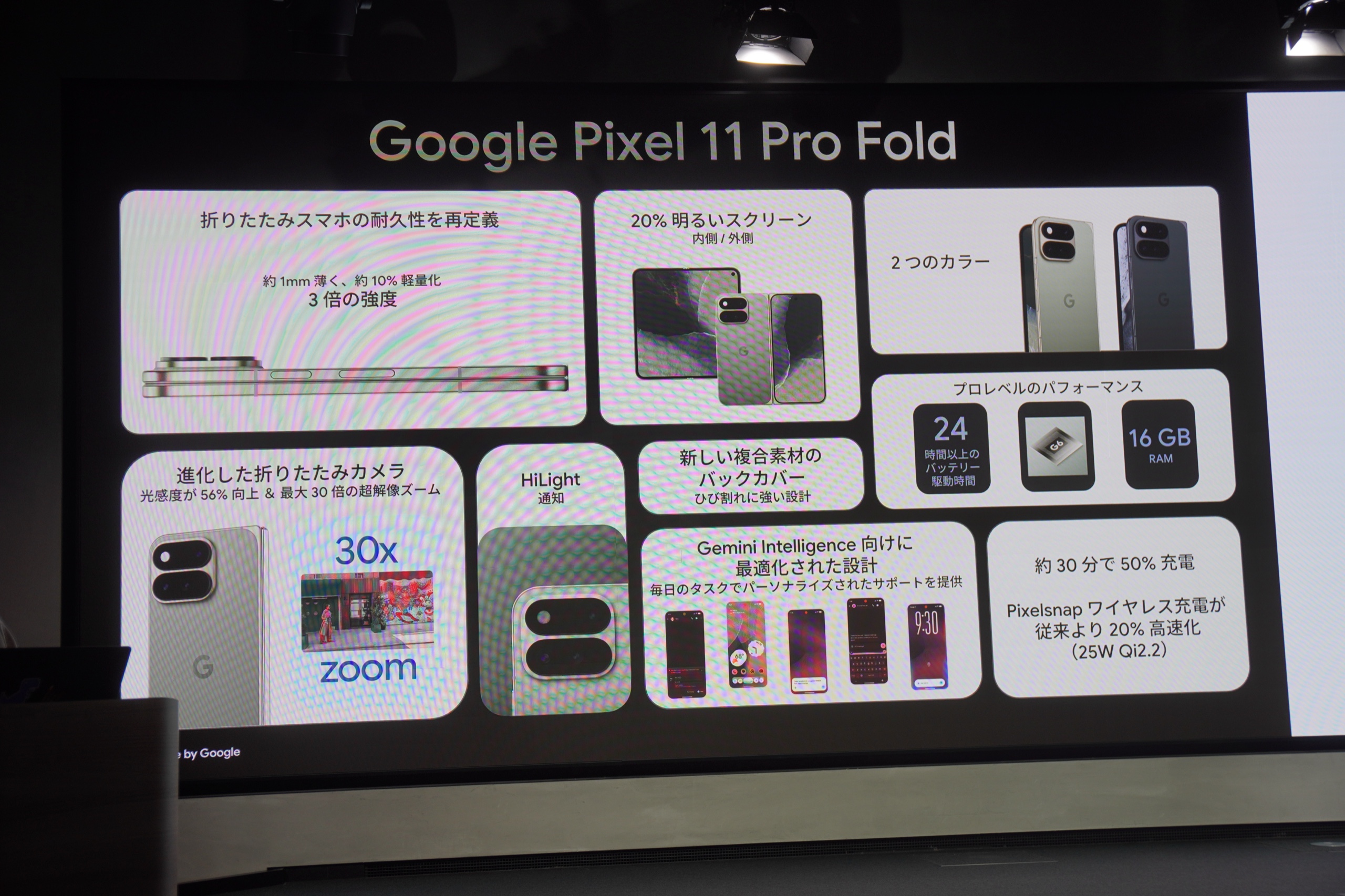 Google Pixel 11 Pro Fold の耐久性やディスプレイ、カメラをまとめた発表会のスライド
