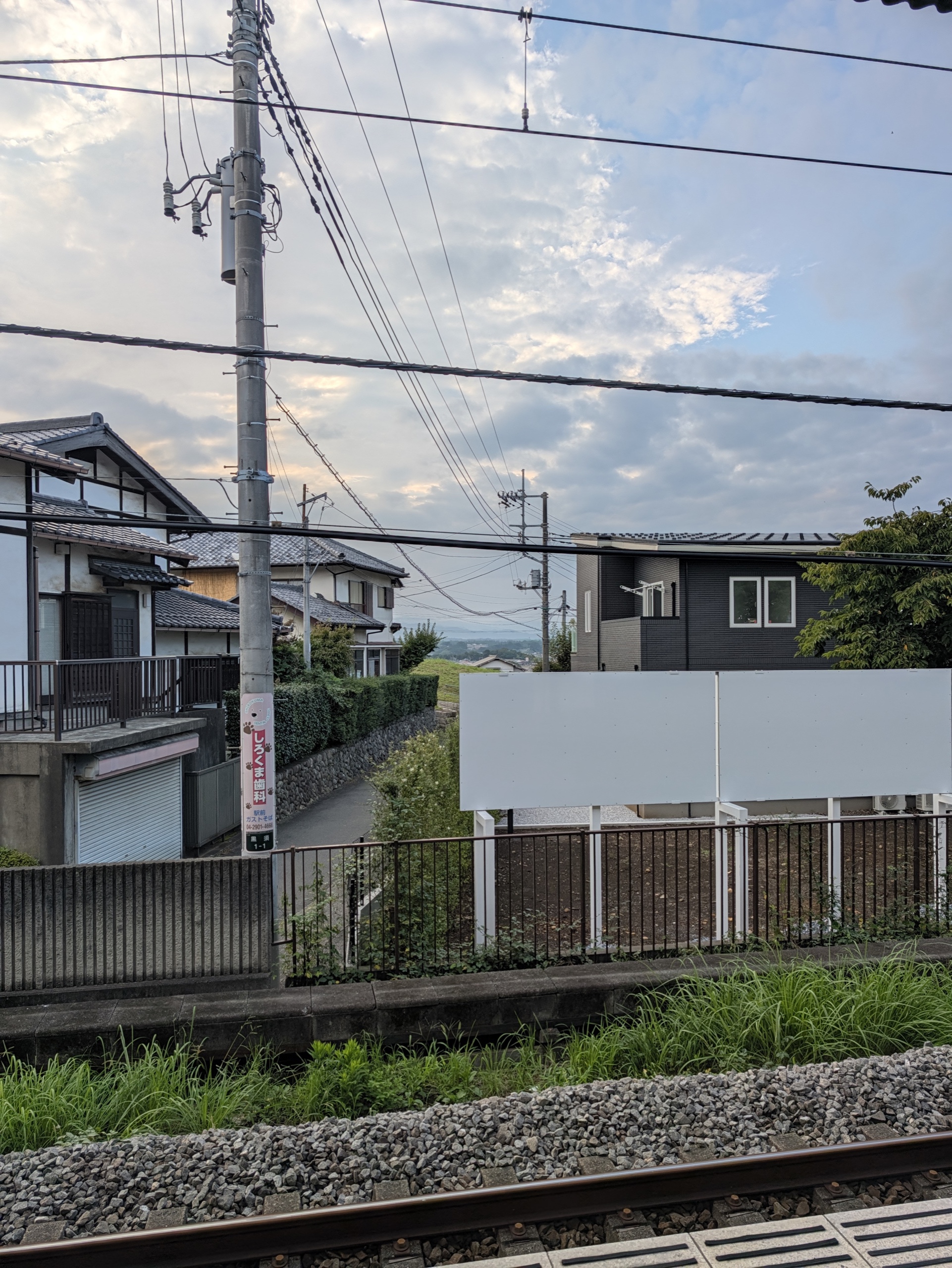 駅のホームから撮影した住宅街の風景。電柱と電線が手前にあり、中央奥に山並みが霞んで見える