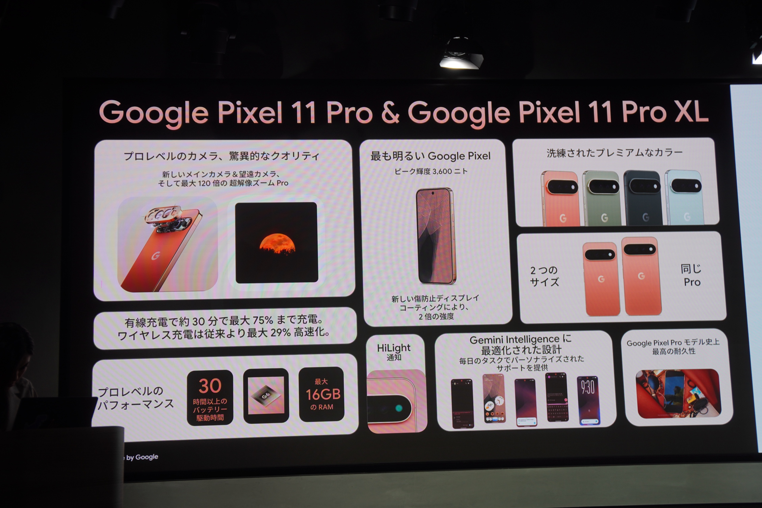 Google Pixel 11 Pro と Pixel 11 Pro XL のカメラ、ディスプレイ、HiLight などをまとめた発表会のスライド