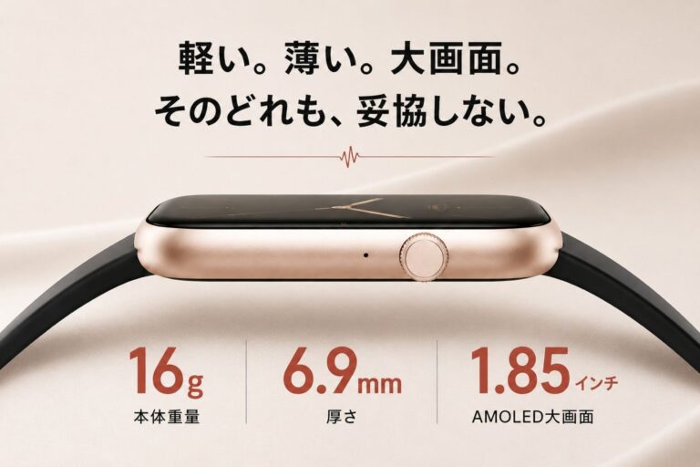 SINNIS Grace2のローズゴールドを横から見た画像。16g・6.9mm・1.85インチAMOLED大画面という数値が並んでいる