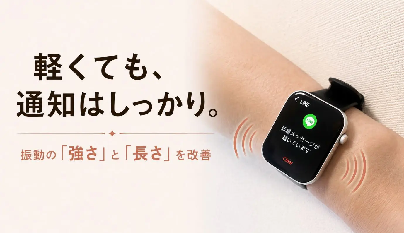 手首に着けたSINNIS Grace2にLINEの新着メッセージ通知が表示され、振動を表す波線が描かれた画像