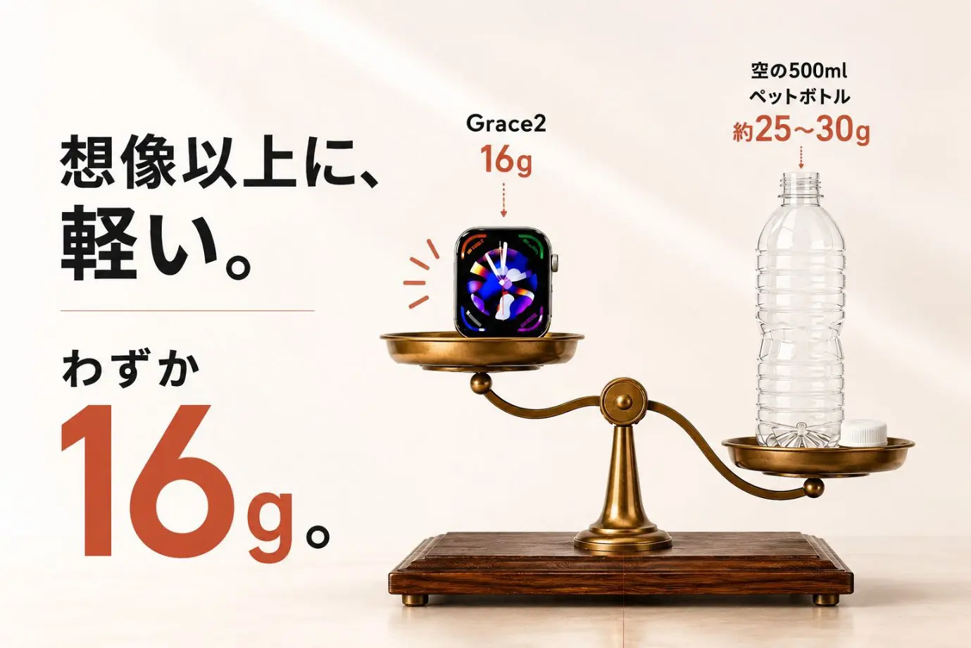 天秤の左にSINNIS Grace2、右に空の500mlペットボトルを載せた比較画像。Grace2が16g、ペットボトルが約25から30gと示されている