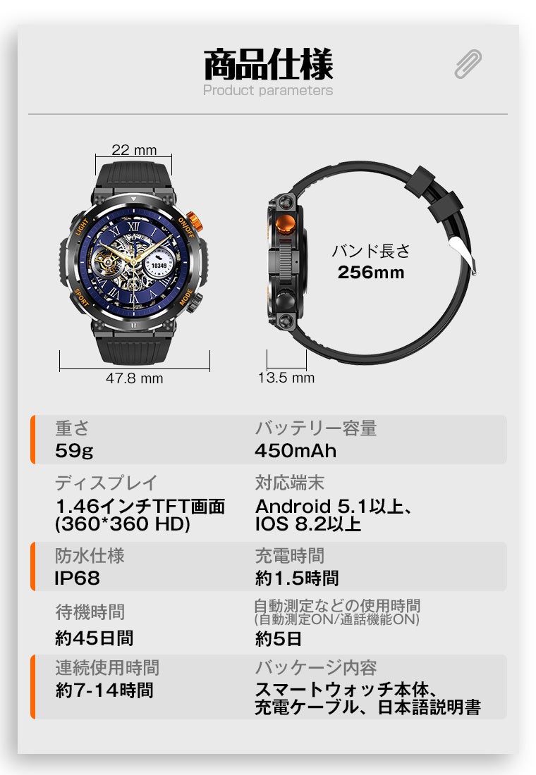 SOPPY C68の製品概要。1.46インチHDディスプレイ、約59g、450mAhバッテリーなどの仕様