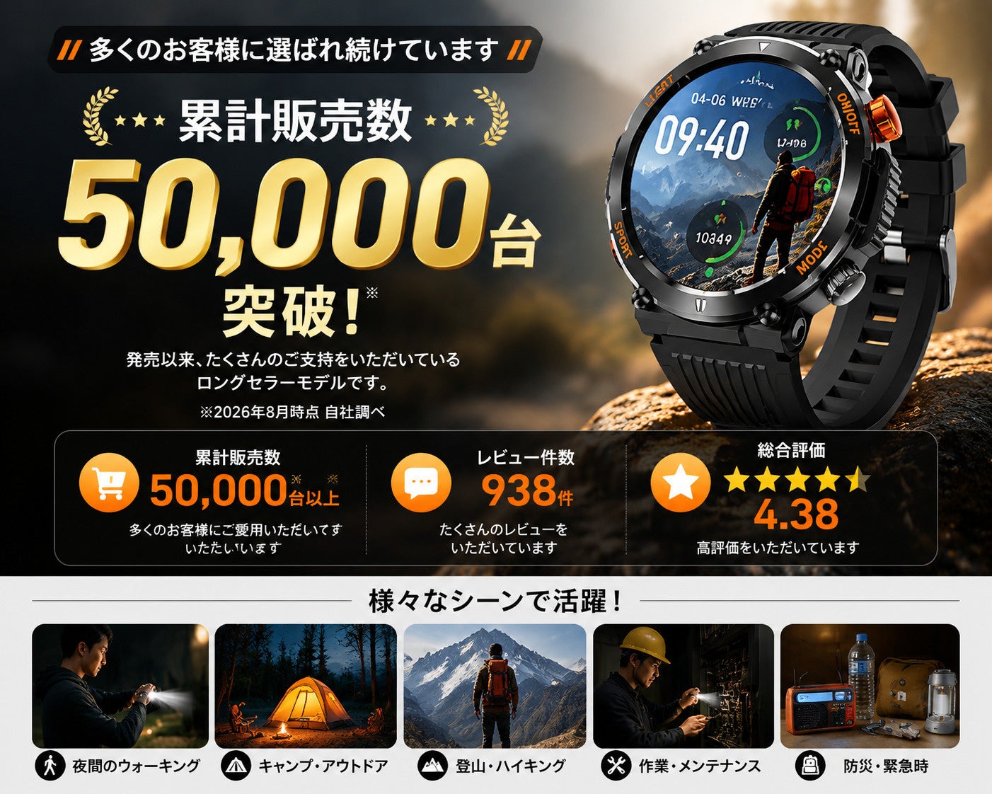 SOPPY C68のタフネスデザイン。IP68防水とコンパス機能を備えアウトドアに対応する