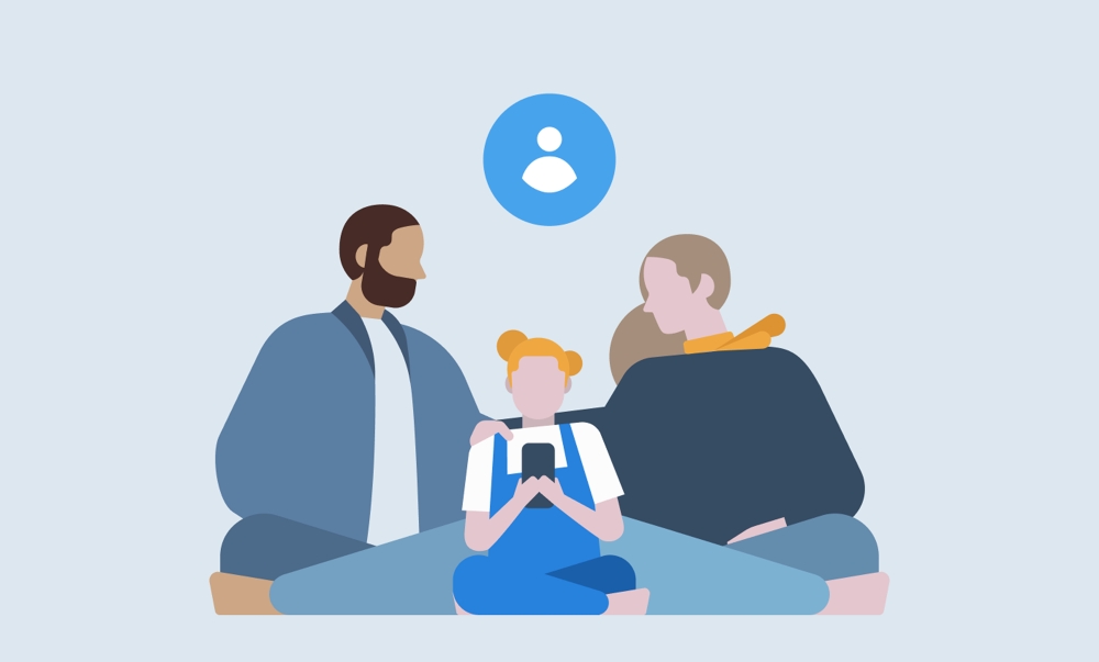 親子3人が並んでスマートフォンを見ている、家族でSamsungのデバイスやサービスを使う様子を描いたイラスト