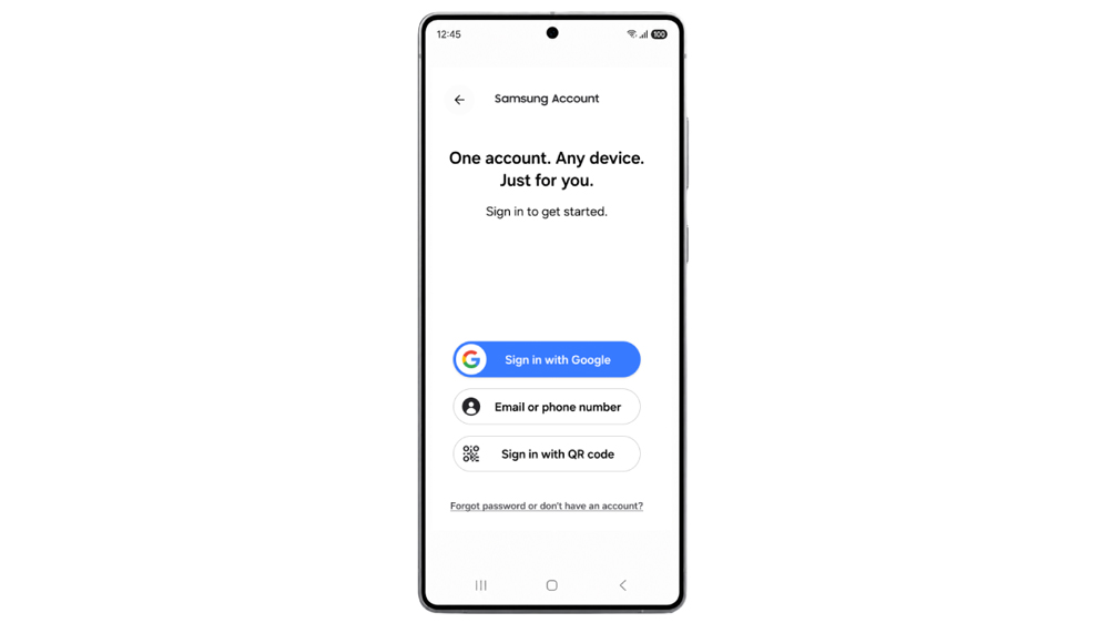 Galaxyスマートフォンに表示されたSamsungアカウントのサインイン画面。「One account. Any device. Just for you.」のメッセージが表示されている