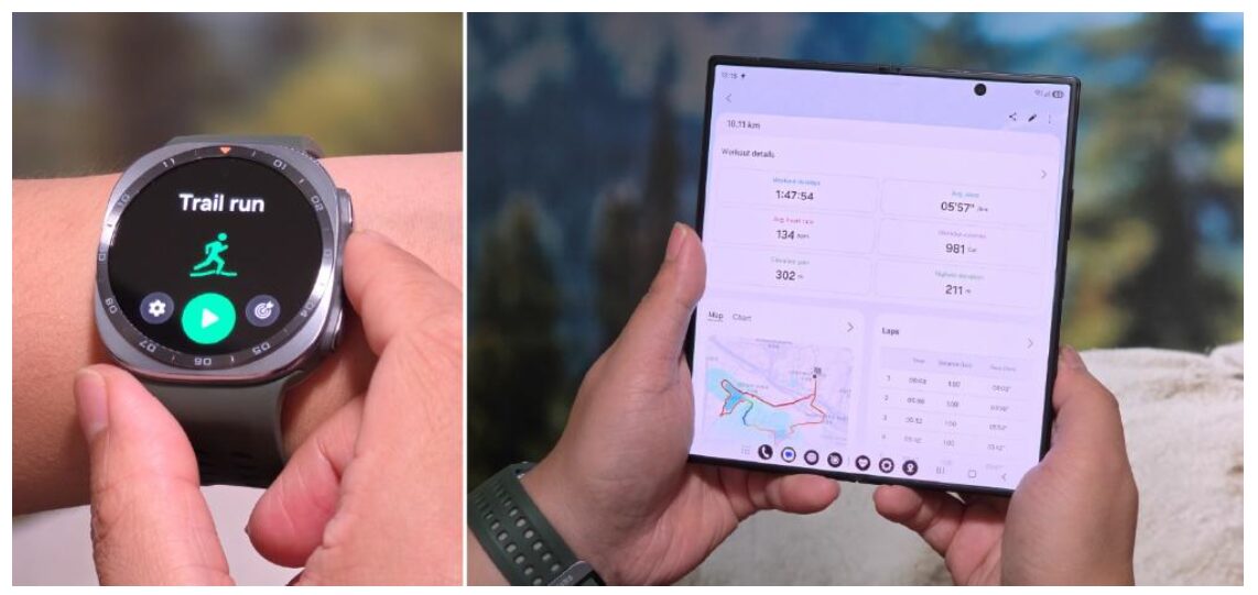 Samsung Galaxy Watch Ultra2の画面にトレイルランの開始画面が表示され、スマートフォン側に距離やペース、獲得標高などの記録が並ぶ様子