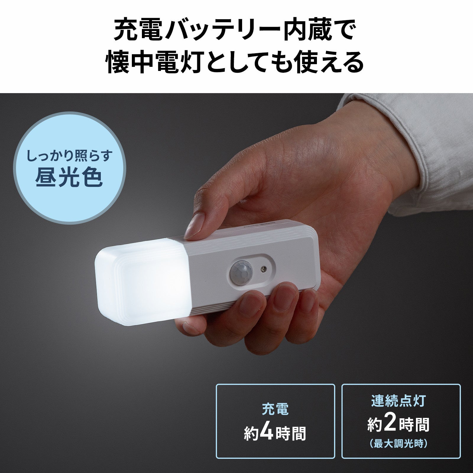 コンセントから取り外したLED-SL2を手に持ち、懐中電灯として昼光色で点灯させている様子