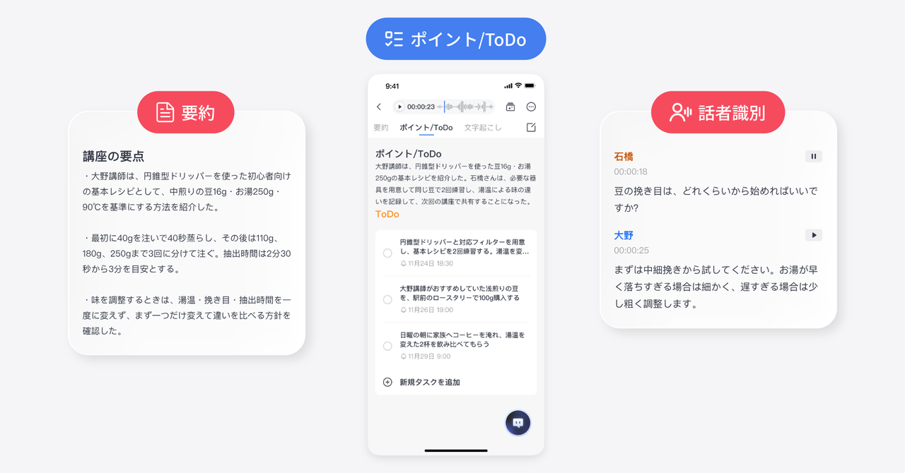 録音データが自動転送されAIが文字起こしと要約を行うSwitchBot AIマインドクリップの画面イメージ