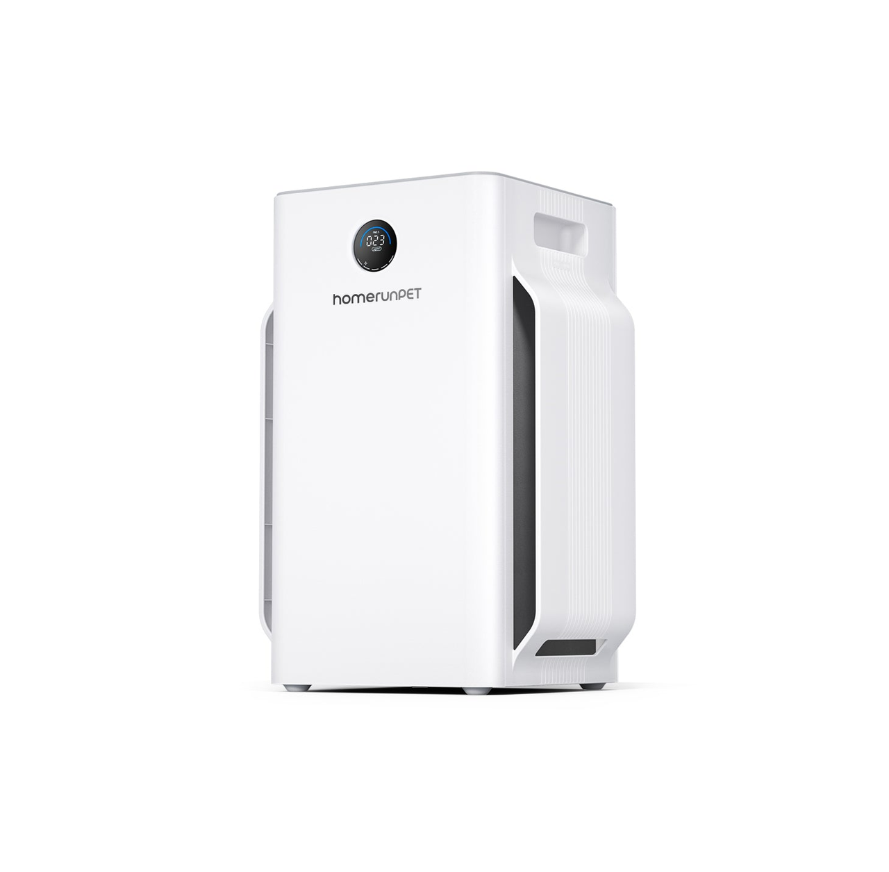 ペットのいる空間に特化したhomerunPETの空気清浄機Airbo。6方向の吸込口で抜け毛を吸引し3層フィルターでニオイや花粉に対応する