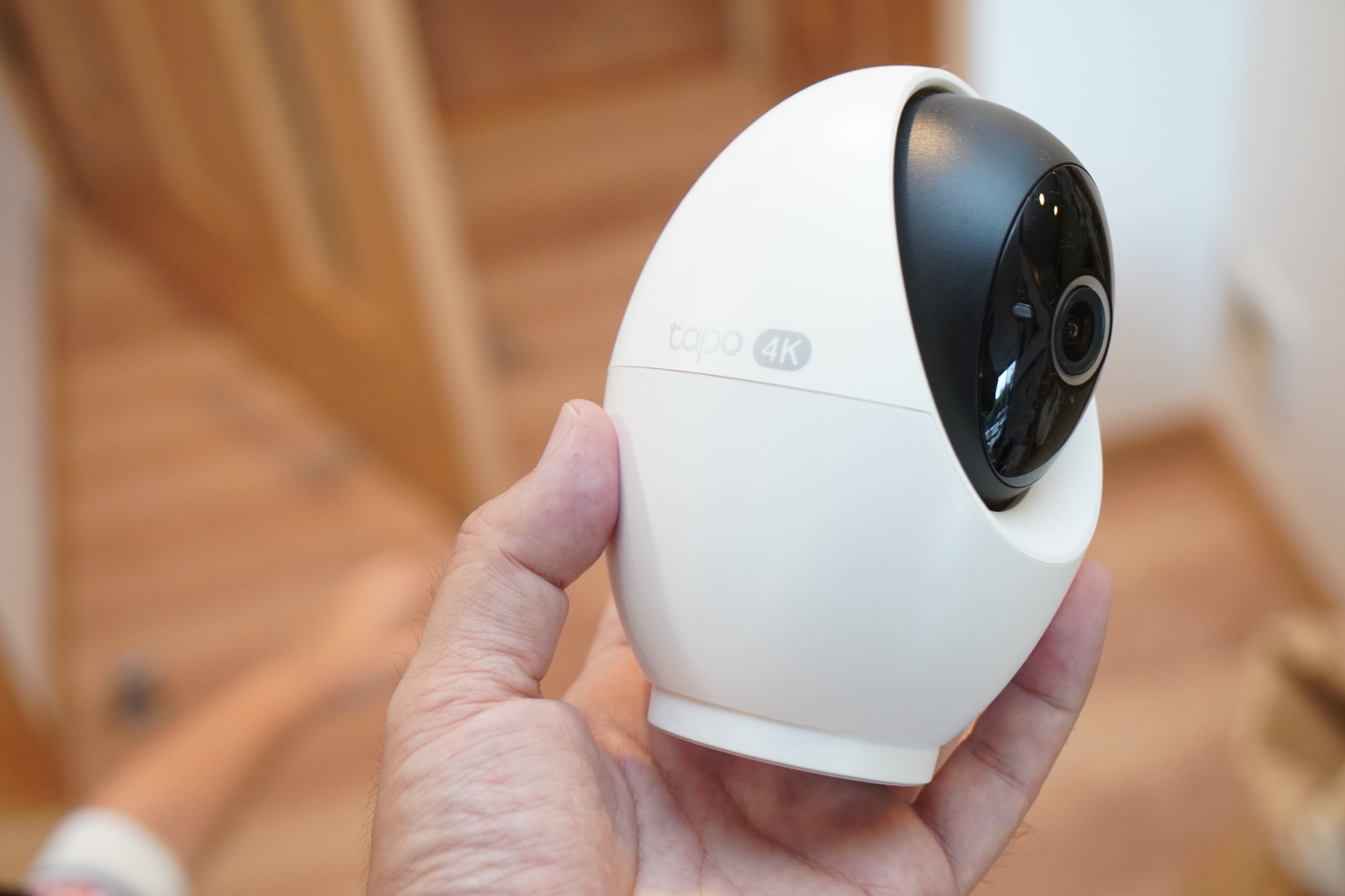 Tapo C260本体を手のひらに載せたカット。卵型の白いボディに黒いレンズ部、tapo 4Kのロゴが見える。片手に収まるサイズ感