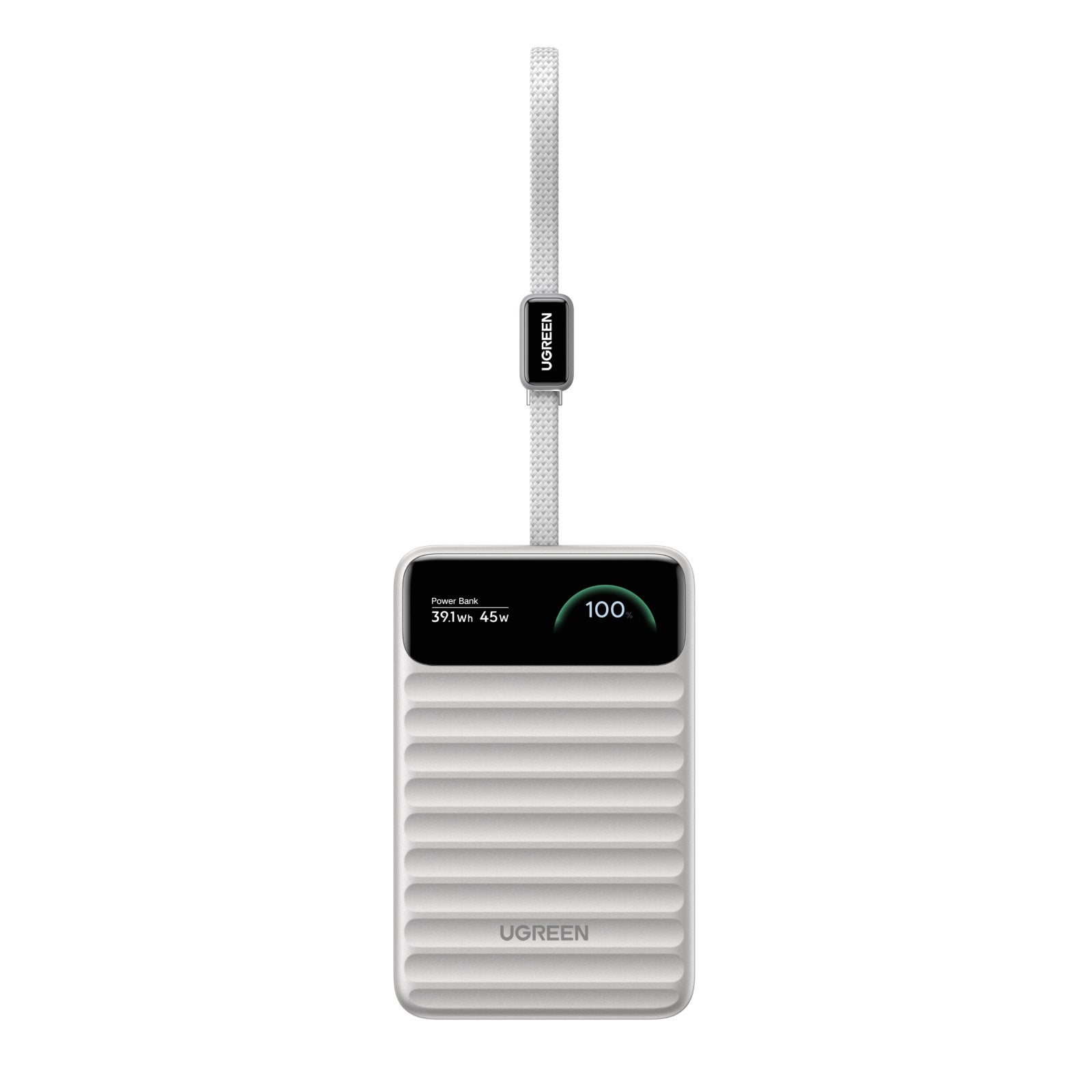 UGREEN Nexode Wavyのシルバーモデル。波状の凹凸があるボディと内蔵ケーブル
