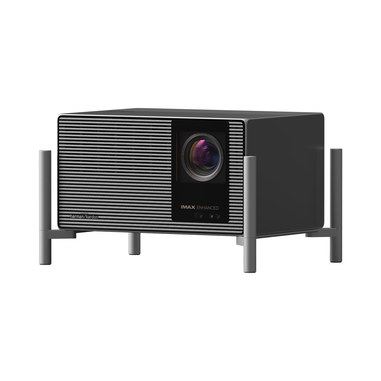 XGIMI TITAN Noirシリーズの製品イメージ。harman/kardonのスピーカーとIMAX ENHANCEDのロゴが入った本体を専用スタンドに載せた状態。