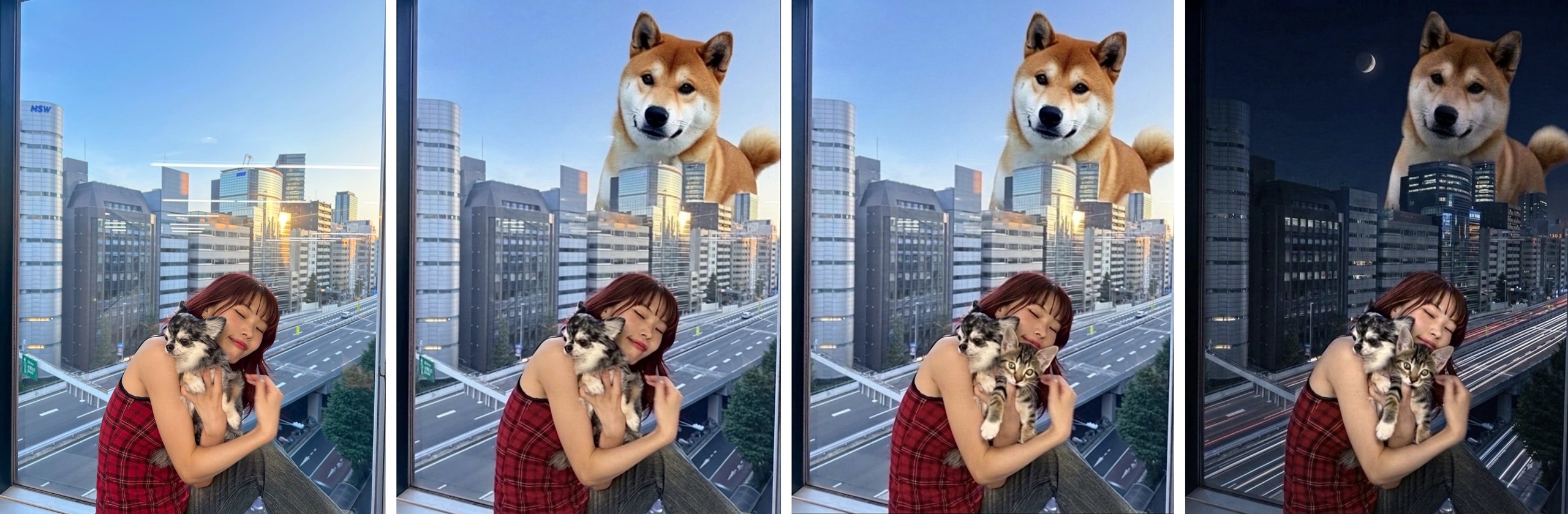 アイナ・ジ・エンドさんと愛犬の写真が「犬を増やして」「猫を増やして」「背景を夜にして」で変化していく様子