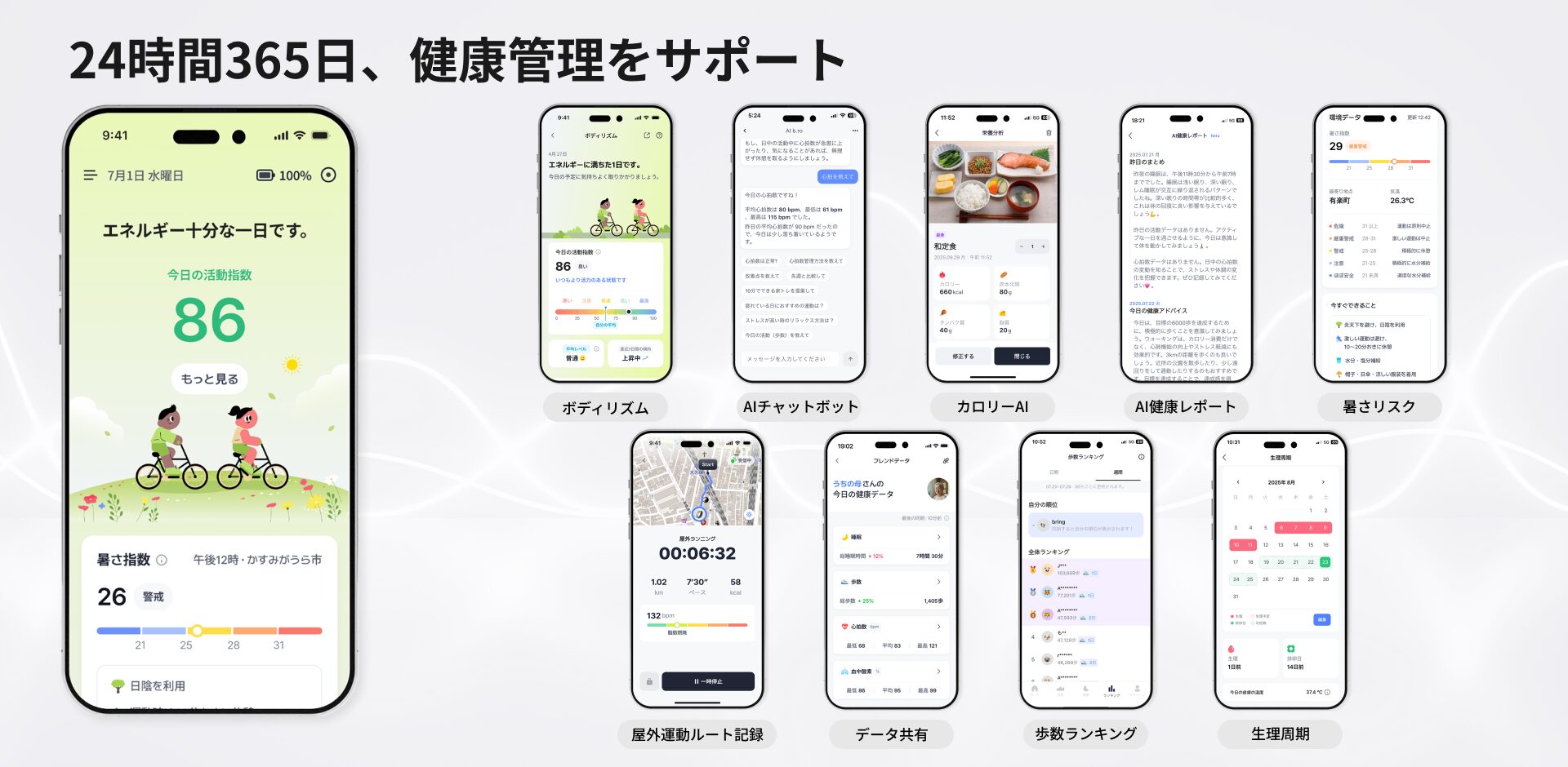 b.raceが対応するアプリApp 3.0の画面。ボディリズム、AIチャットボット、カロリーAI、AI健康レポート、暑さリスク、屋外運動ルート記録、データ共有、歩数ランキング、生理周期の各機能
