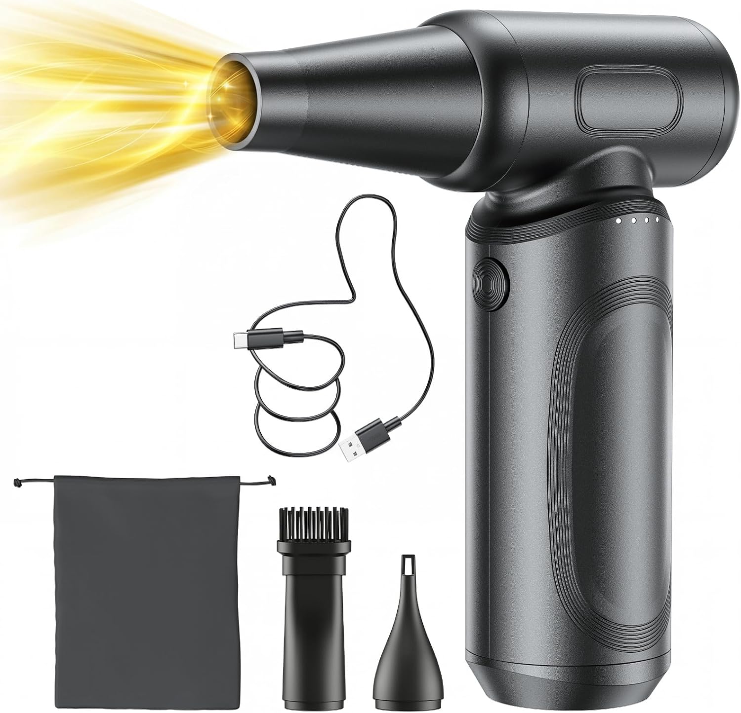 Ciniffo エアダスター 電動ブロワー W09 の本体と付属品。本体に円錐型のノズルを装着した状態と、ブラシ状ノズル、先端が細く尖ったノズル、USB-CとUSB-Aの充電ケーブル、収納袋