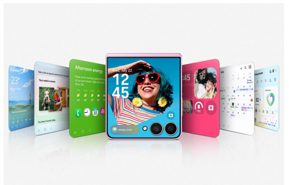 Galaxy Z Flip8のフレックスウィンドウ(カバー画面)のカスタマイズ例。天気、ペットの写真、時計、セルフィープレビュー、アプリ一覧など複数の表示パターンが並んでいる