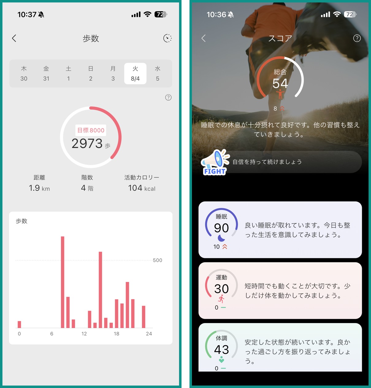 からだメイトアプリの歩数画面とスコア画面。歩数2973歩、距離1.9km、活動カロリー104kcal