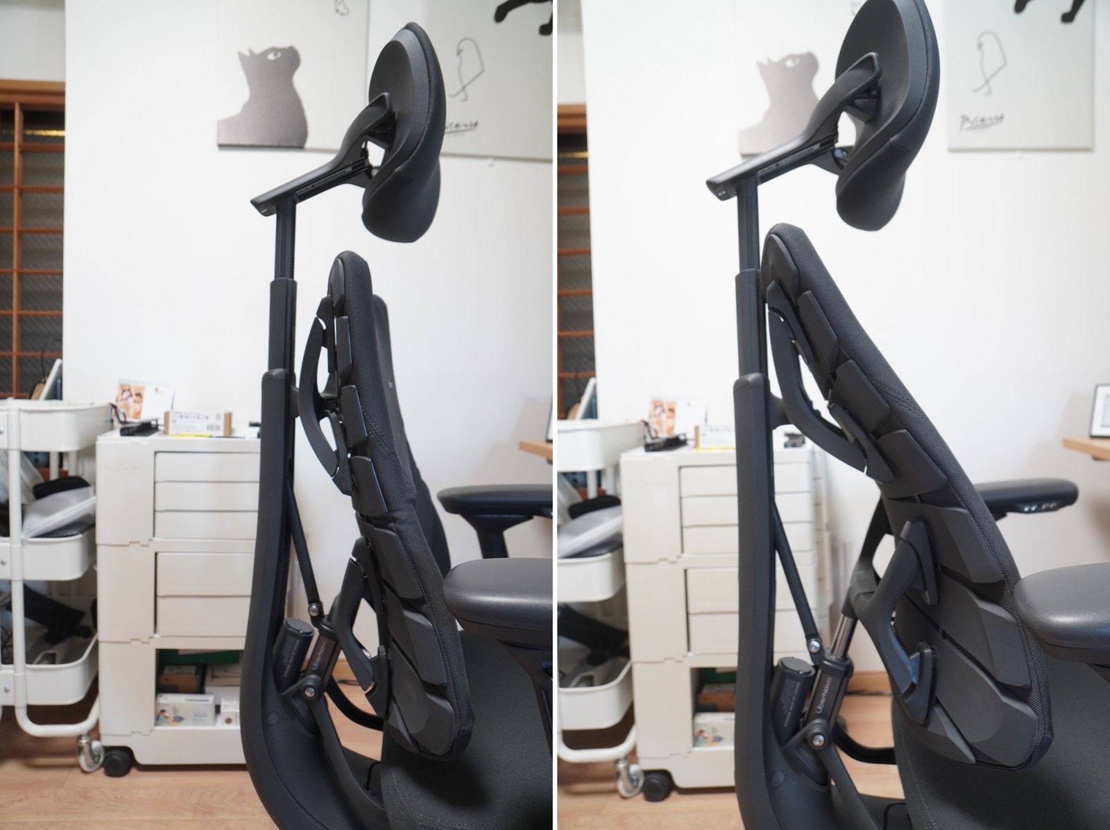 LiberNovo Omni Pro の背もたれを背面から見た比較。左は腰を奥に引いた状態でパネルが支柱に沿ってまっすぐ、右は腰を前に出した状態でパネルユニットごと前方に押し出されている