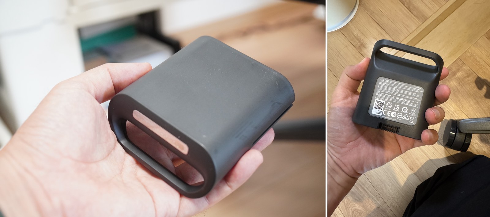 左:取り外したバッテリー本体と接続端子。右:バッテリーのラベル。10.8Vdc・3000mAh・32.40Whと記載されている